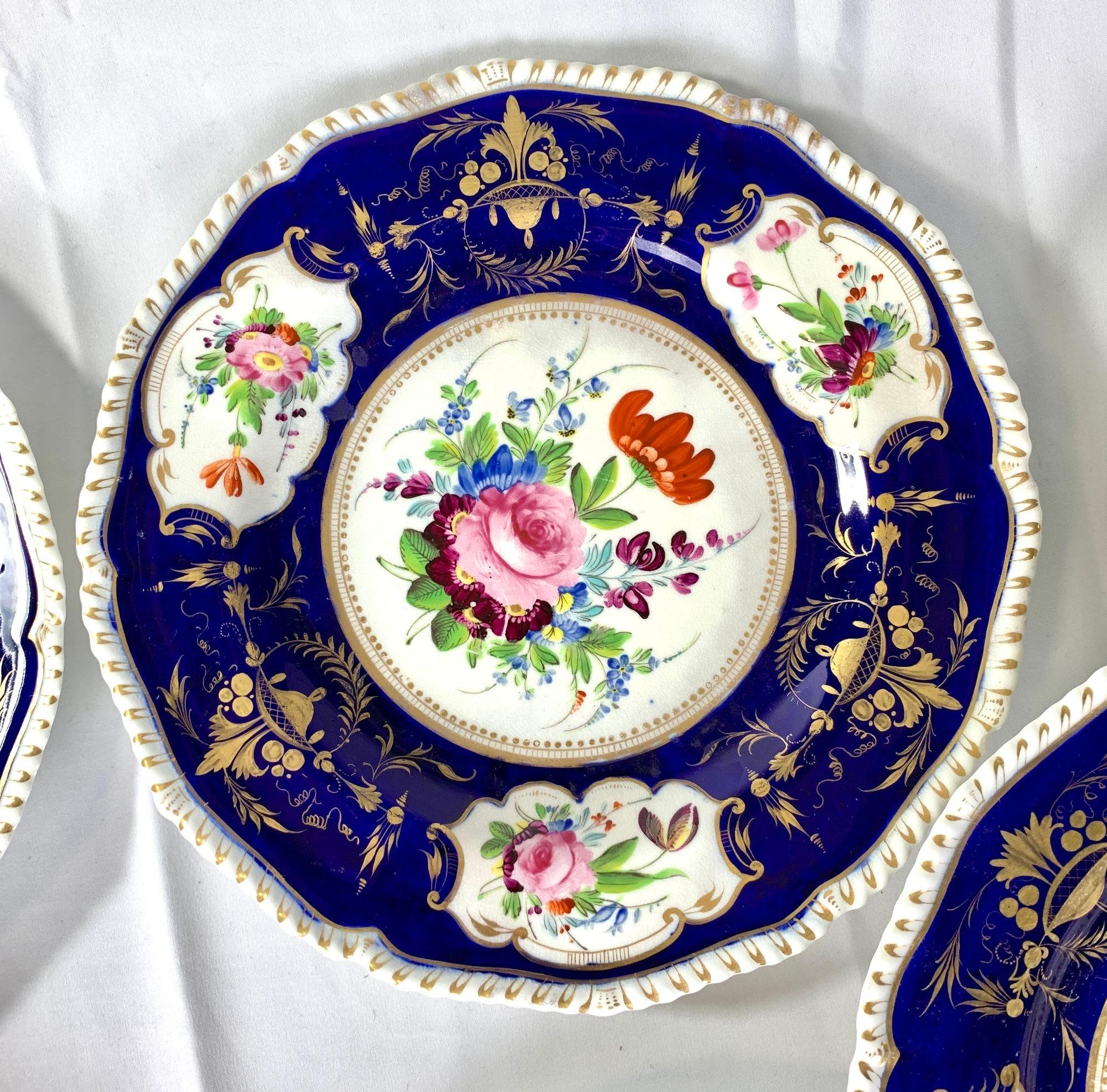 19th Century Set Ten Antique Derby Cobalt Blue Dinner Plates England Circa 1825-30 For Sale