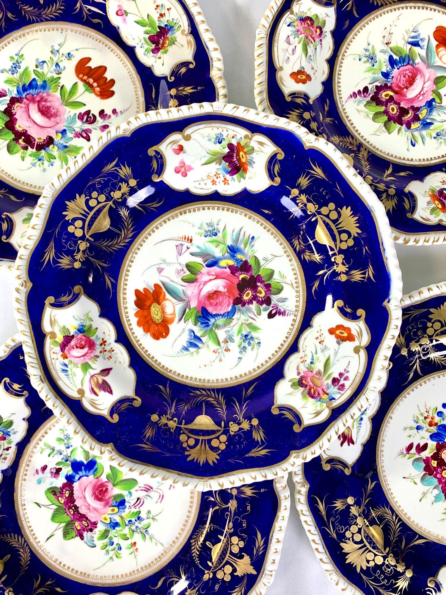 Porcelain Set Ten Antique Derby Cobalt Blue Dinner Plates England Circa 1825-30 For Sale