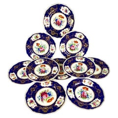 Set Ten Used Derby Cobalt Blue Dinner Plates England Circa 1825-30