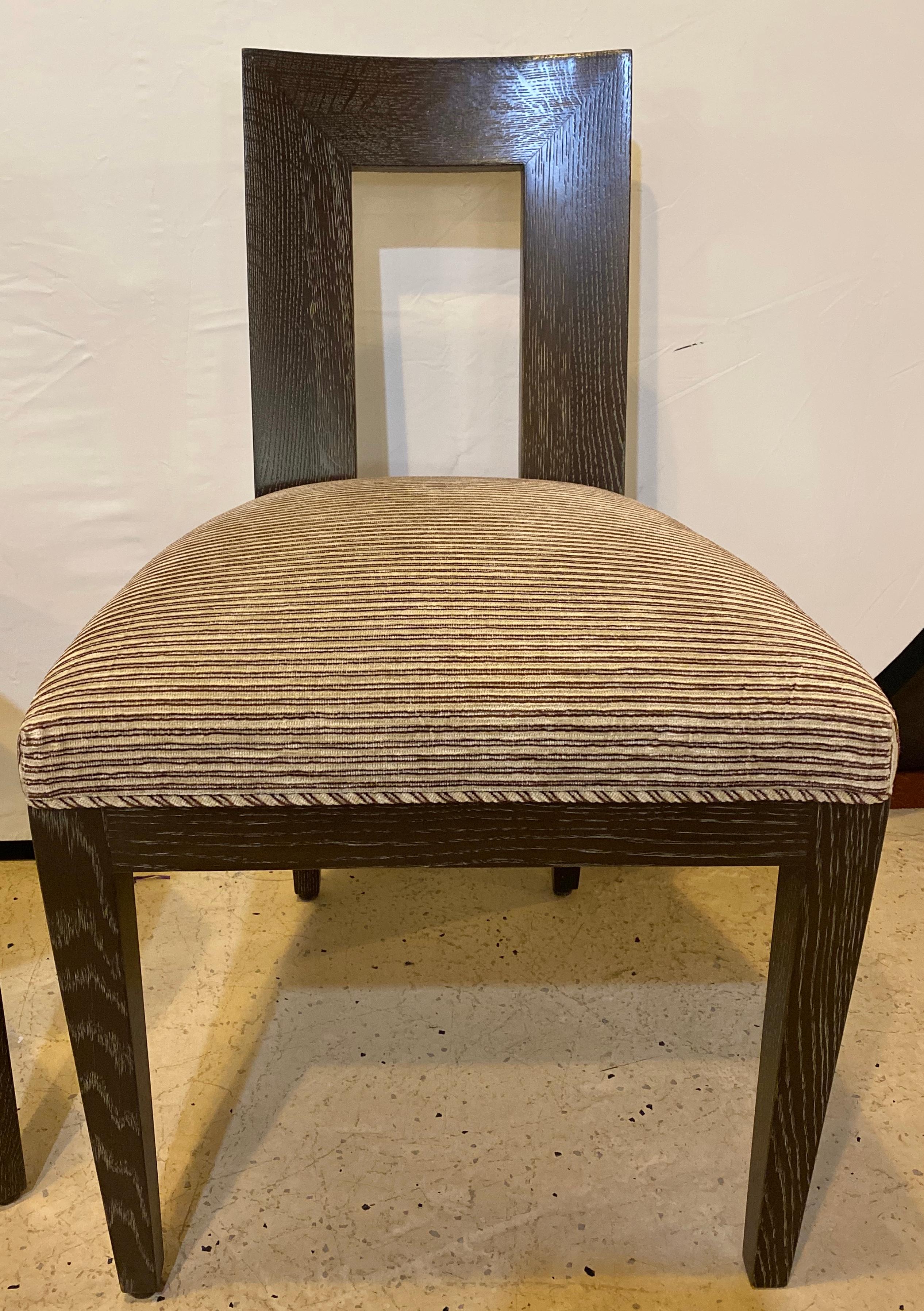 Set Ten Donghia 'Margarita' design dining side chairs pickled oak easy and elegant dining chair with open back, beautifully crafted.
Fully upholstered dining chair with open back, side rails, and stretchers. Comes standard with welt around the
