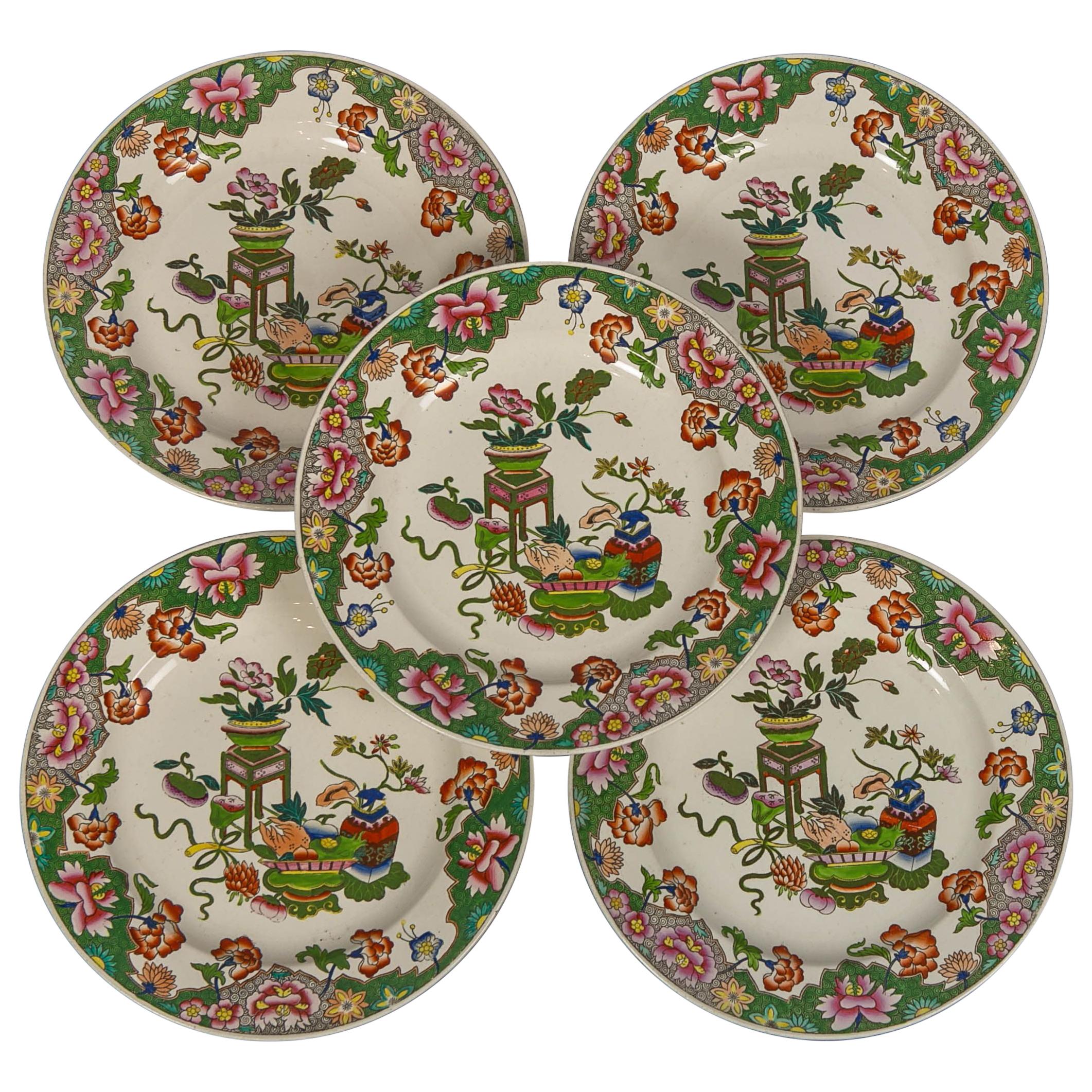 Set Ten Pearlware Plates with Chinoiserie Decoration Made England, circa 1820