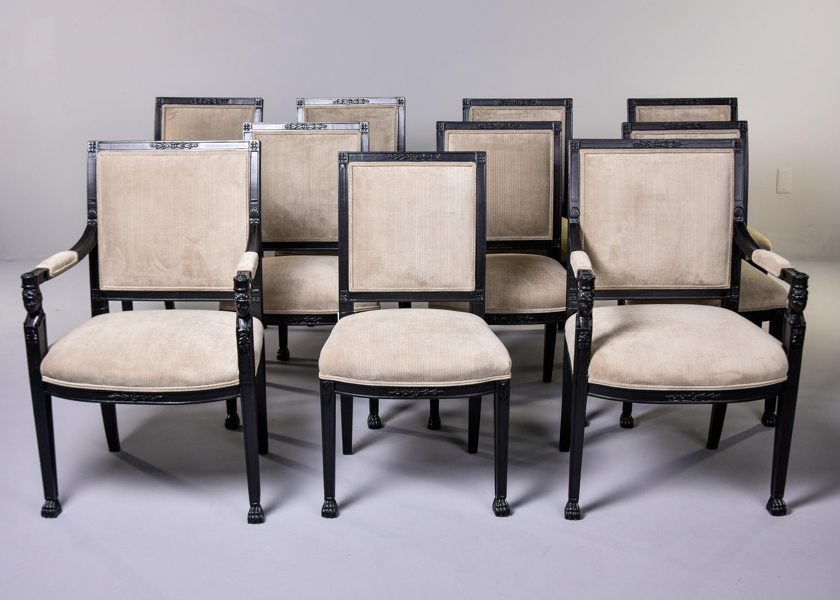 American Set Ten Vintage Neoclassical Style Dining Chairs with New Velvet Upholstery