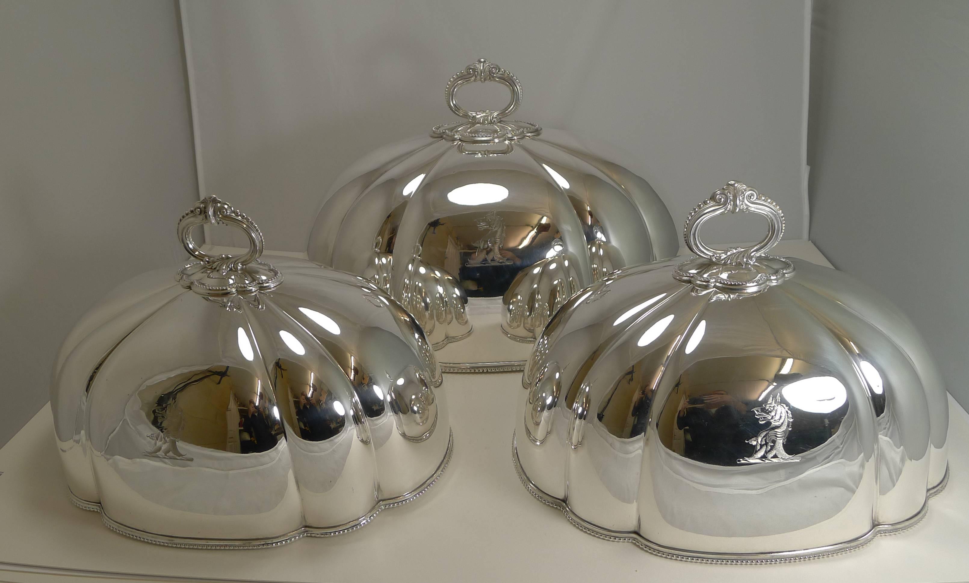 Silver Plate Set Three Antique English Meat or Food Domes by Martin Hall & Co. circa 1880