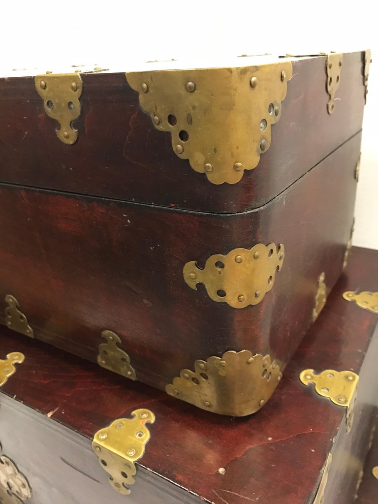Set Three Chinese Antique Stacking Chests Trunks Boxes ...