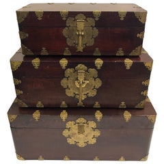 Set Three Chinese Antique Stacking Chests Trunks Boxes Tables Cocktail Coffee