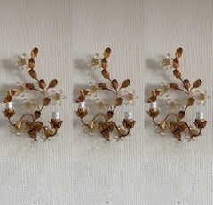Three Italian Gilt Wrought Iron Crystal Flower Two-Light Wall Sconces, 1940s