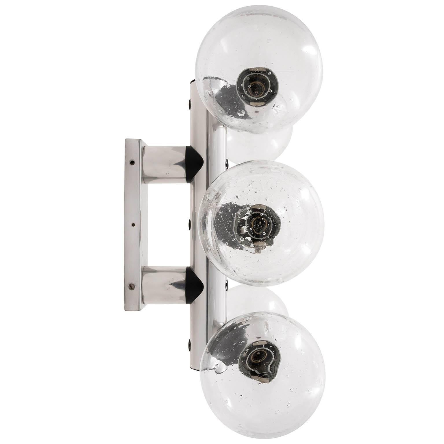 Polished Three Large Kalmar Sconces Flush Mount Lights 'RS 6 WA' Glass Aluminum 1970 For Sale