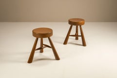 Set Three-Legged Wooden Stools in Ash in the Style of Charlotte Perriand, 1970s