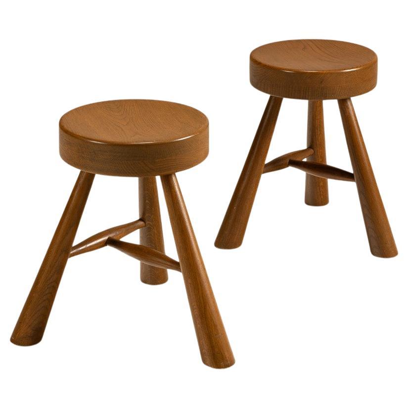 Set Three-Legged Wooden Stools in Ash in the Style of Charlotte Perriand, 1970s For Sale