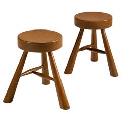 Set Three-Legged Wooden Stools in Ash in the Style of Charlotte Perriand, 1970s Set Three-Legged Wooden Stools in Ash in the Style of Charlotte Perriand, 1970s