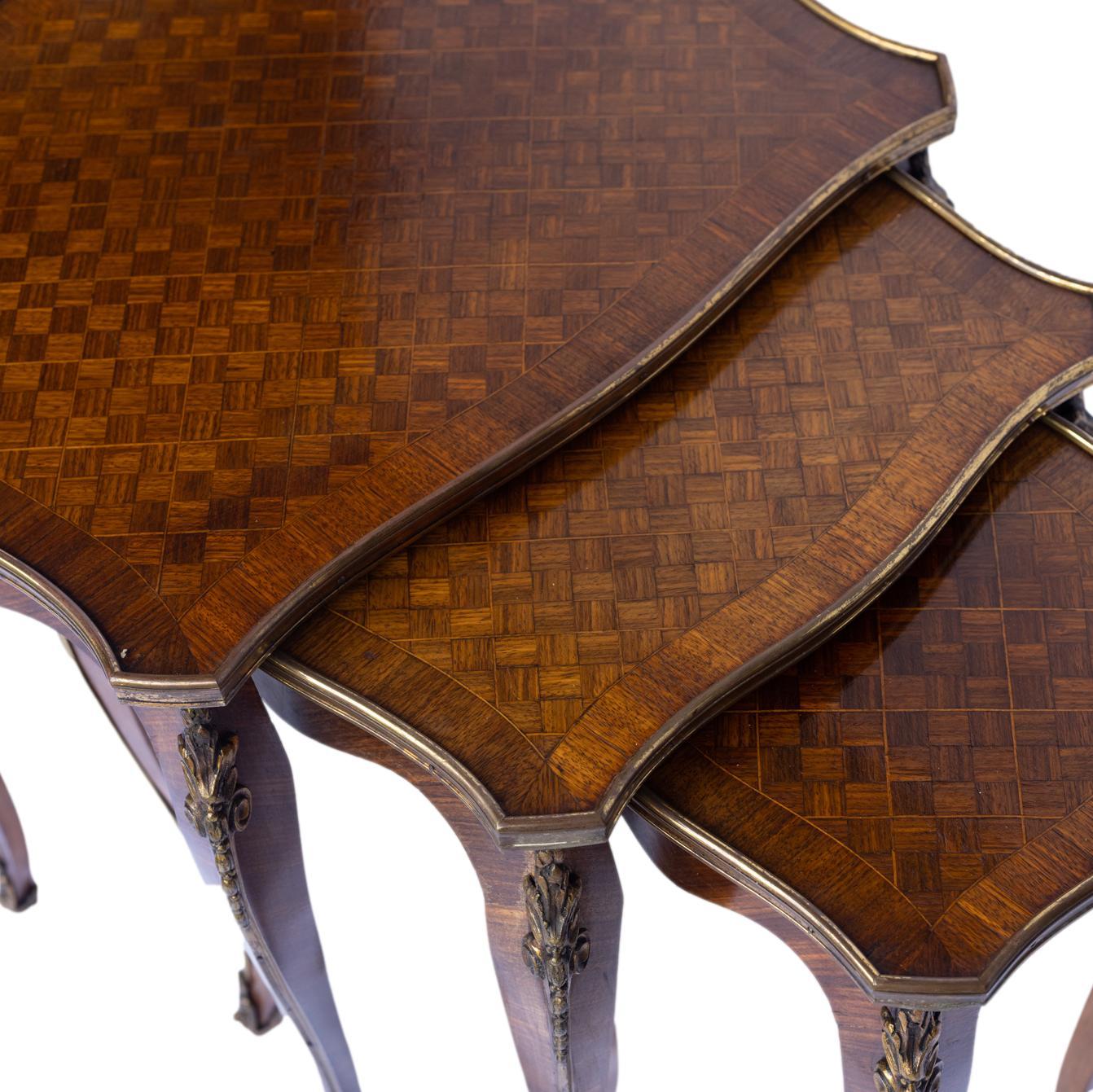 19th Century Set Three Louis XV-Style Kingwood and Parquetry Nesting Tables, French, c. 1880 For Sale