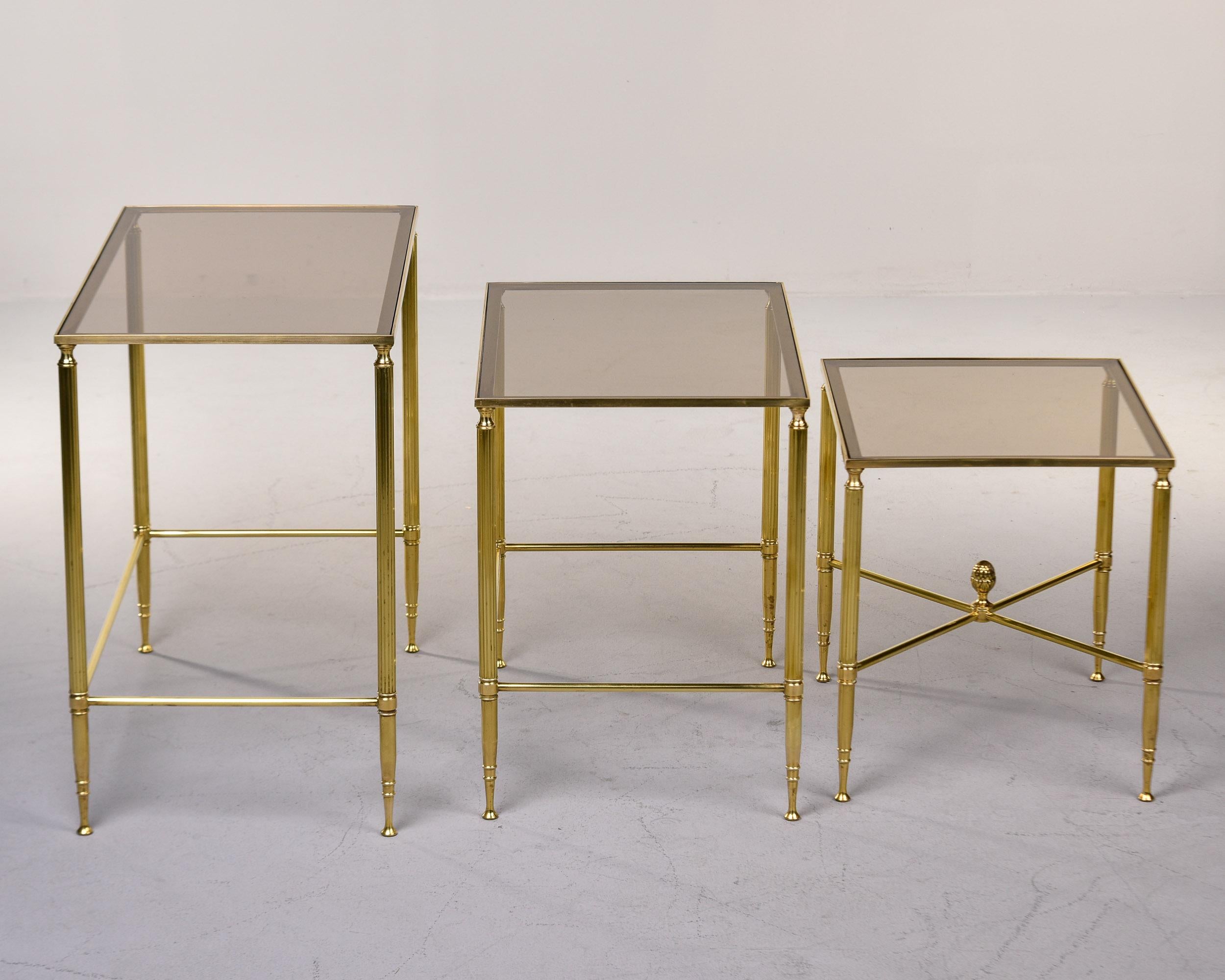 Set Three Mid Century Brass and Glass Neoclassical Style Nesting Tables For Sale 5