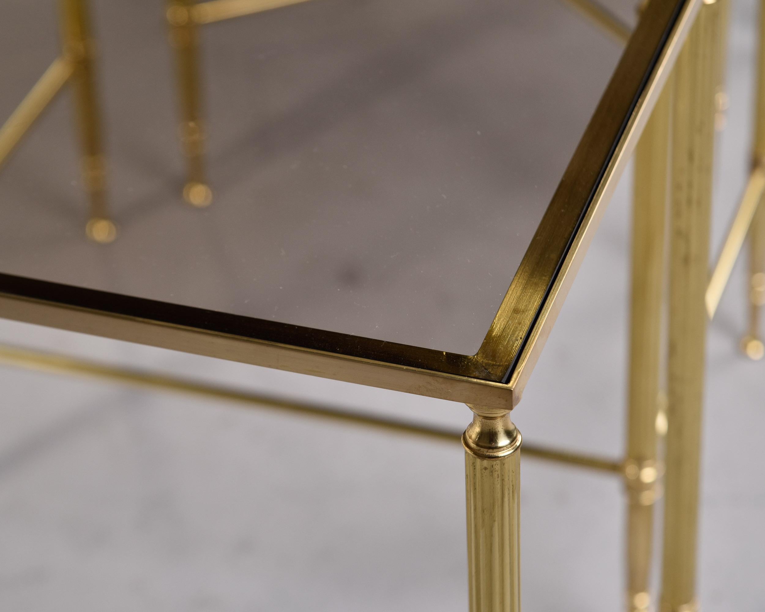 Set Three Mid Century Brass and Glass Neoclassical Style Nesting Tables For Sale 8
