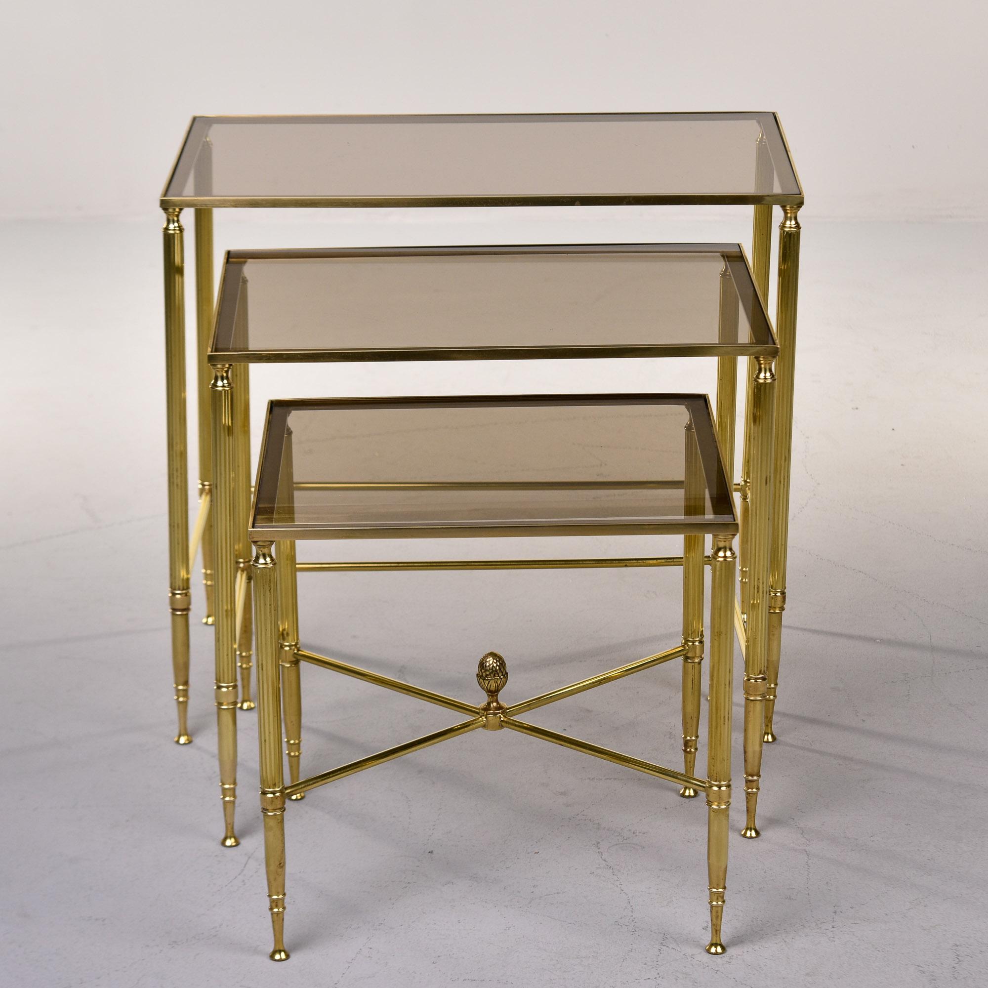 American Set Three Mid Century Brass and Glass Neoclassical Style Nesting Tables For Sale