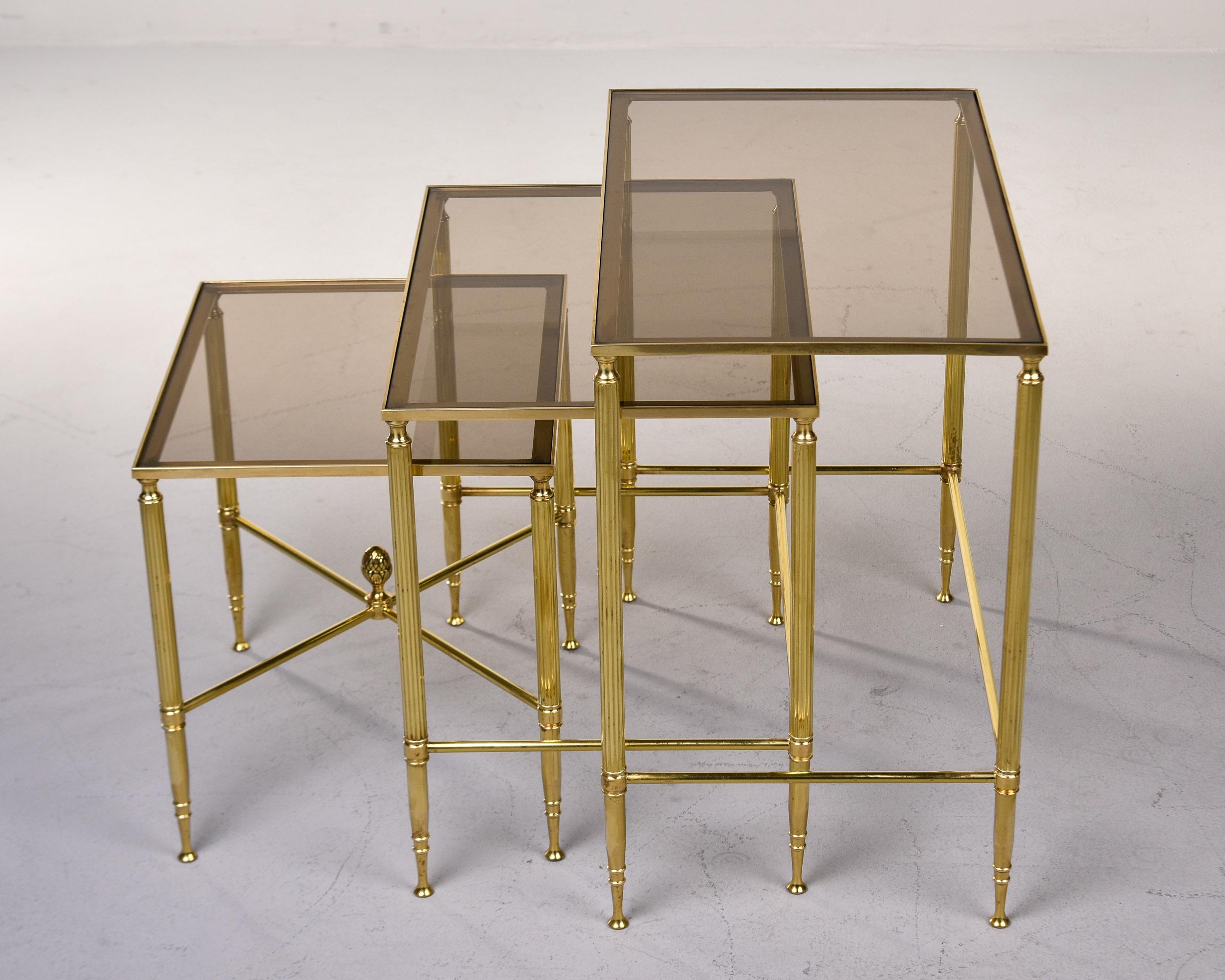 Set Three Mid Century Brass and Glass Neoclassical Style Nesting Tables In Good Condition For Sale In Troy, MI