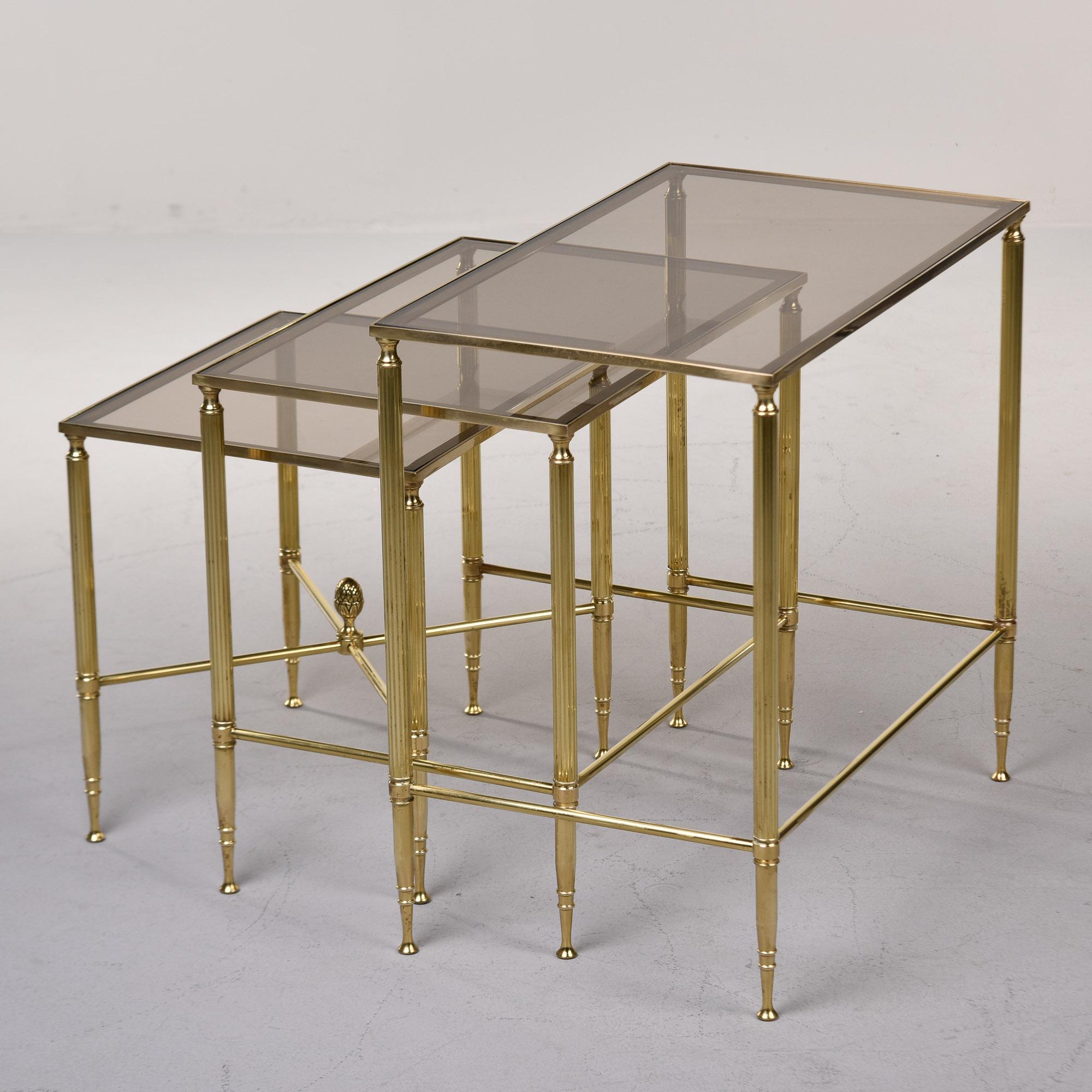 20th Century Set Three Mid Century Brass and Glass Neoclassical Style Nesting Tables For Sale