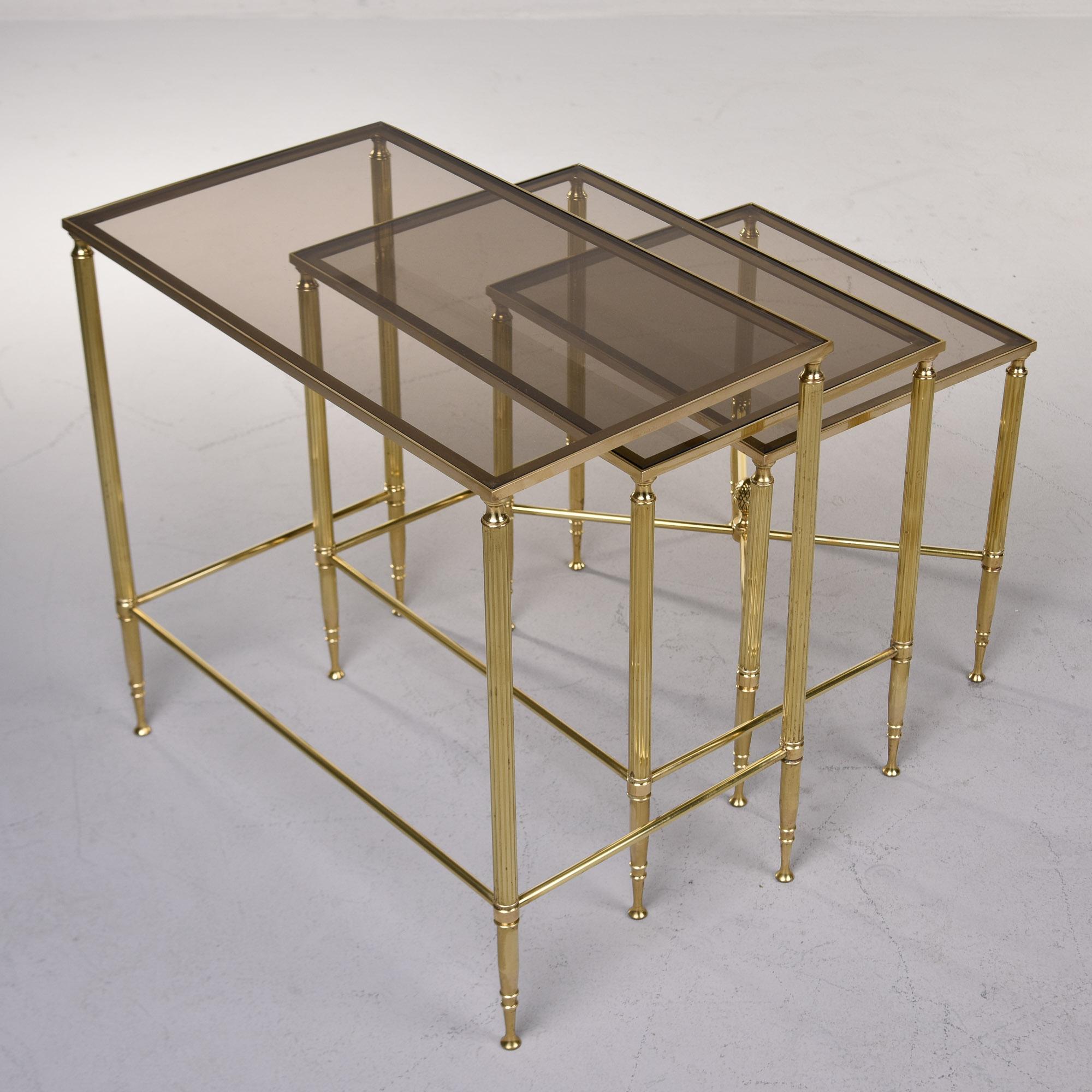 Set Three Mid Century Brass and Glass Neoclassical Style Nesting Tables For Sale 1