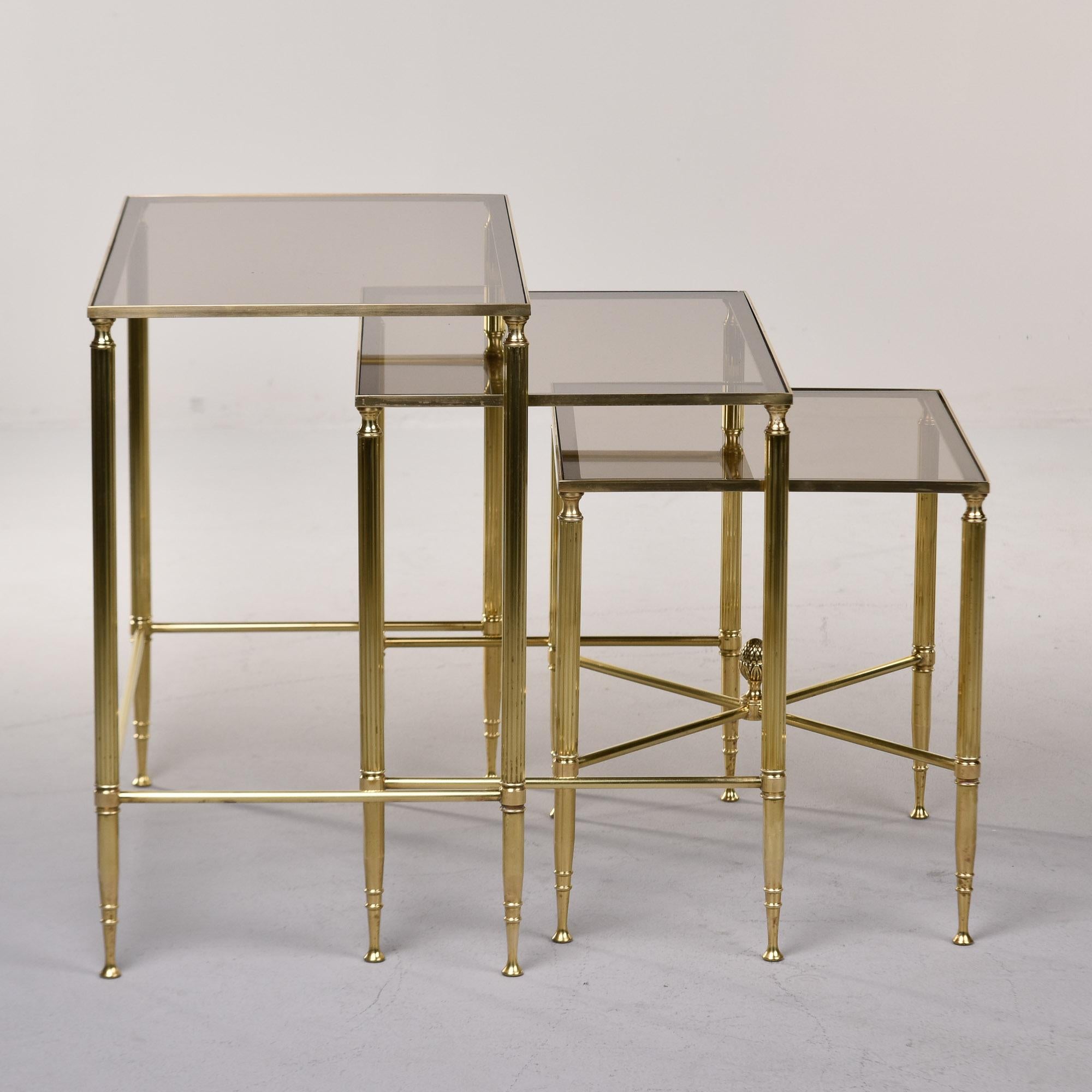 Set Three Mid Century Brass and Glass Neoclassical Style Nesting Tables For Sale 2