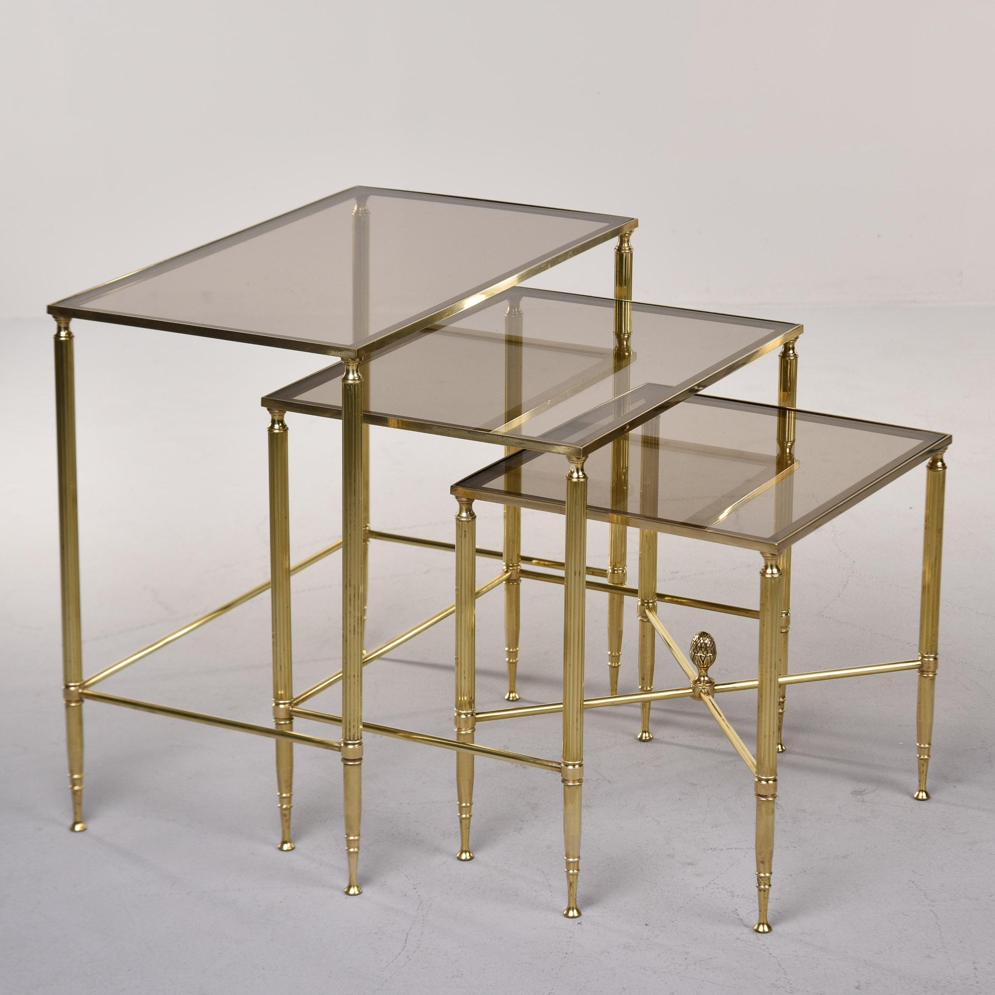 Set Three Mid Century Brass and Glass Neoclassical Style Nesting Tables For Sale 3