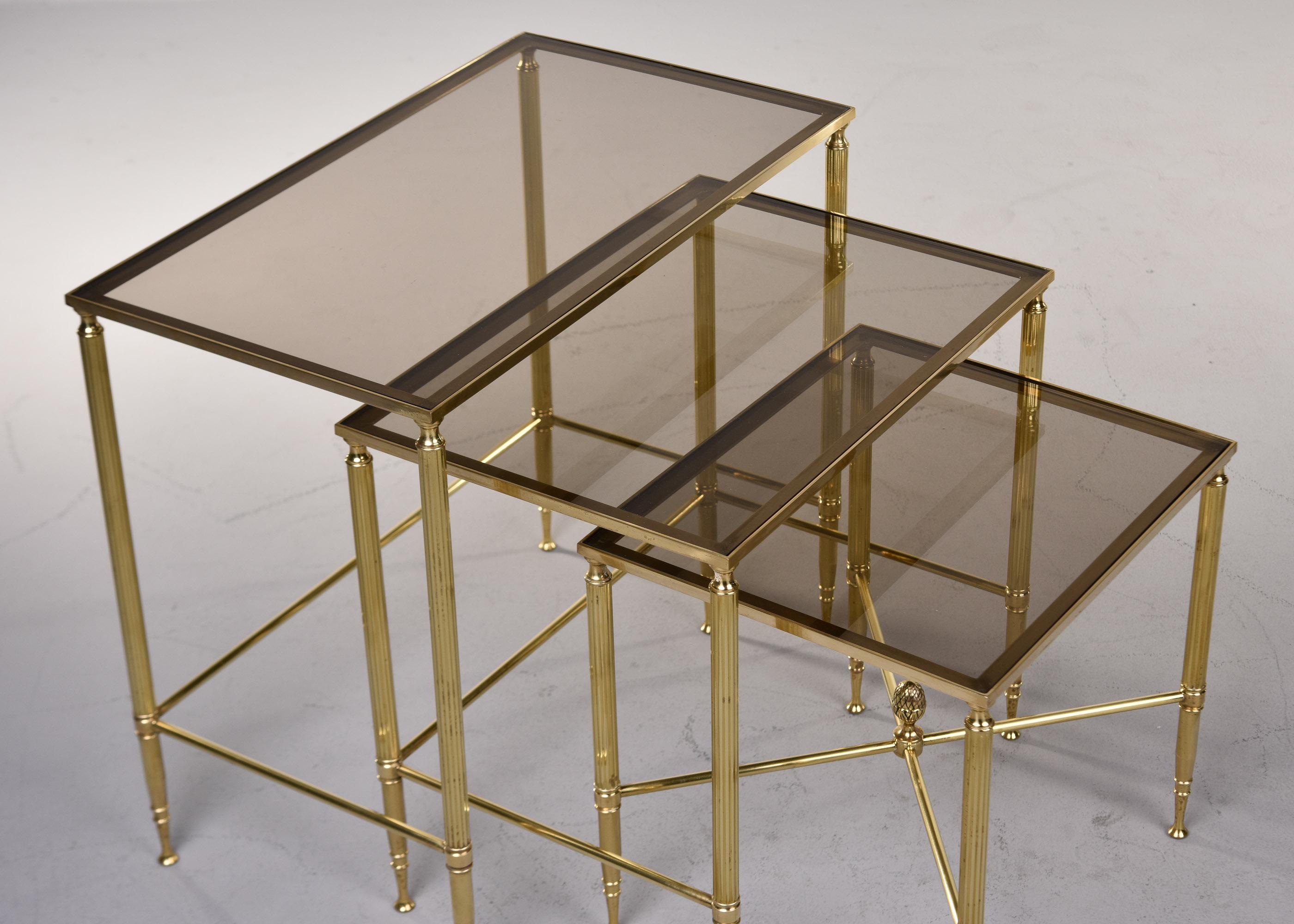 Set Three Mid Century Brass and Glass Neoclassical Style Nesting Tables For Sale 4