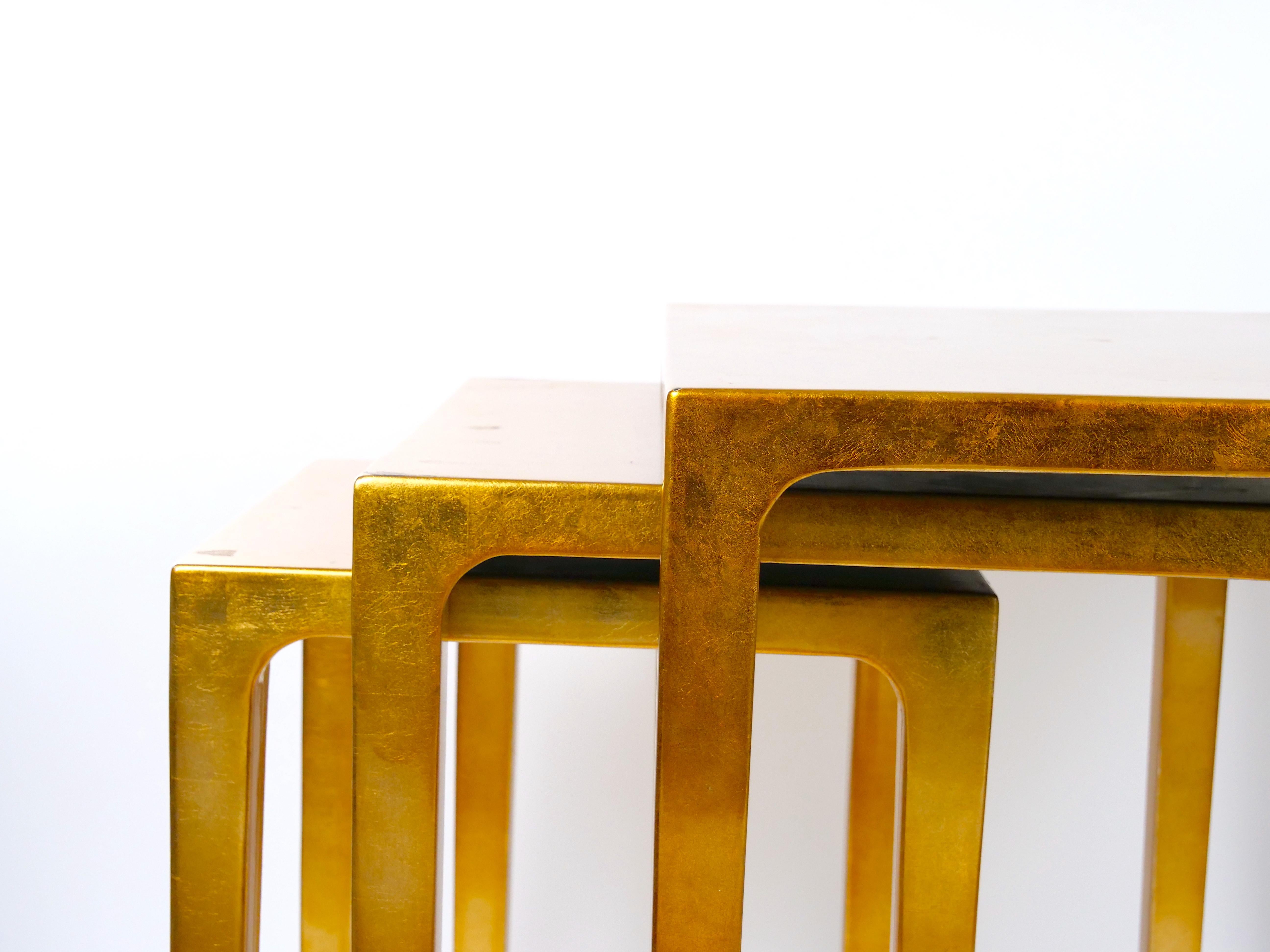 Set Three Mid-Century Modern Lacquered Gold Leaf Nesting Tables For Sale 4