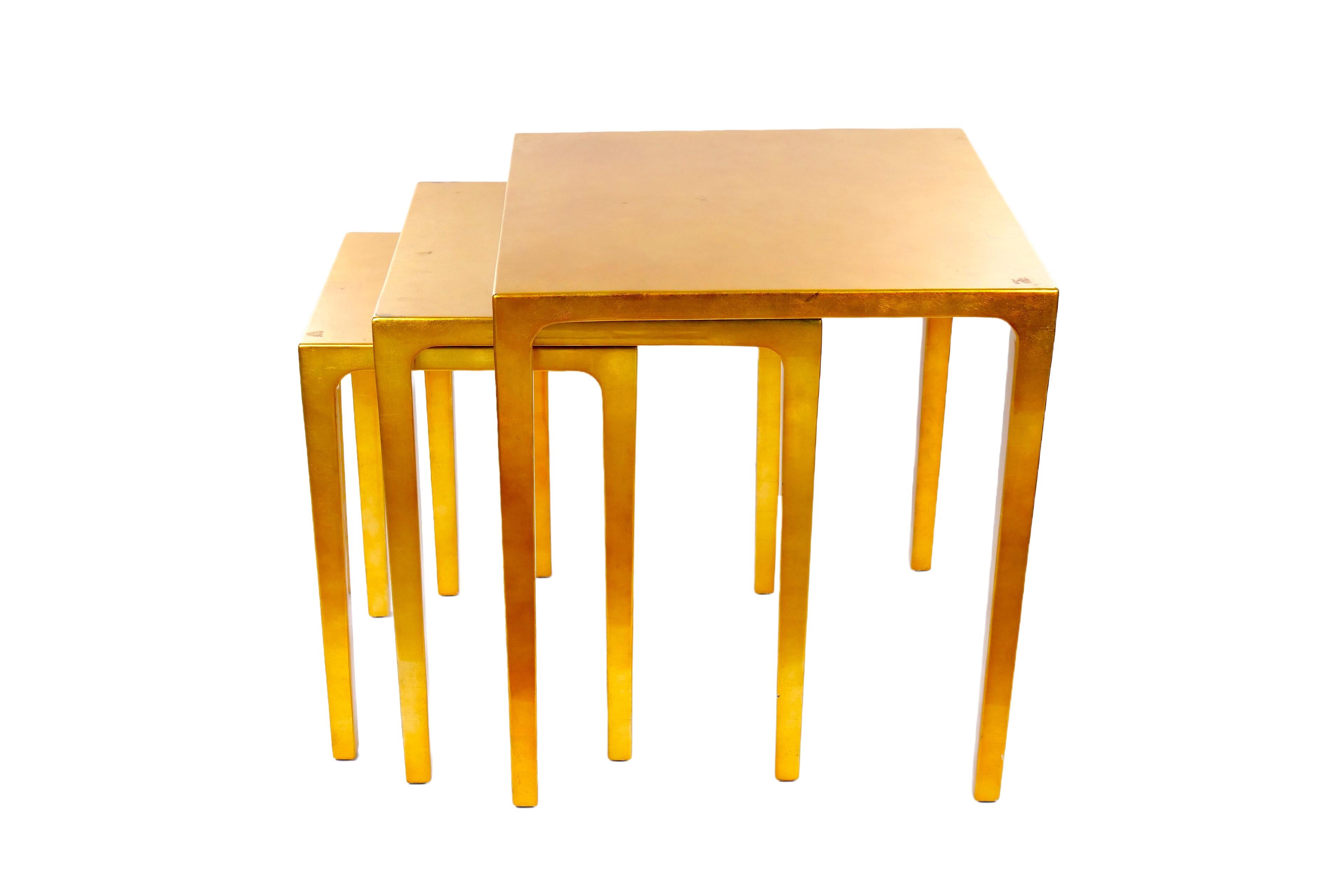 Italian Set Three Mid-Century Modern Lacquered Gold Leaf Nesting Tables For Sale
