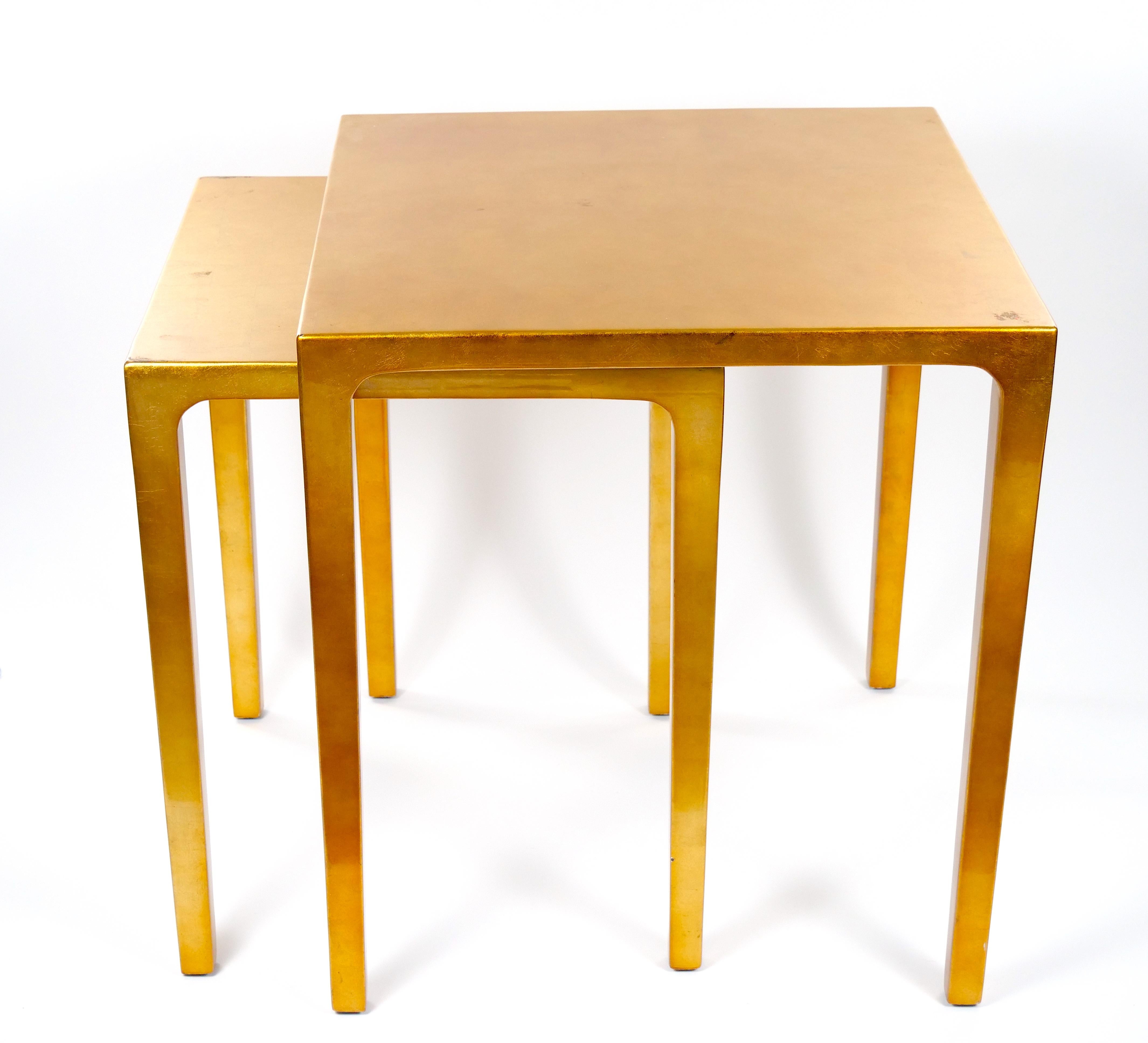 Wood Set Three Mid-Century Modern Lacquered Gold Leaf Nesting Tables For Sale