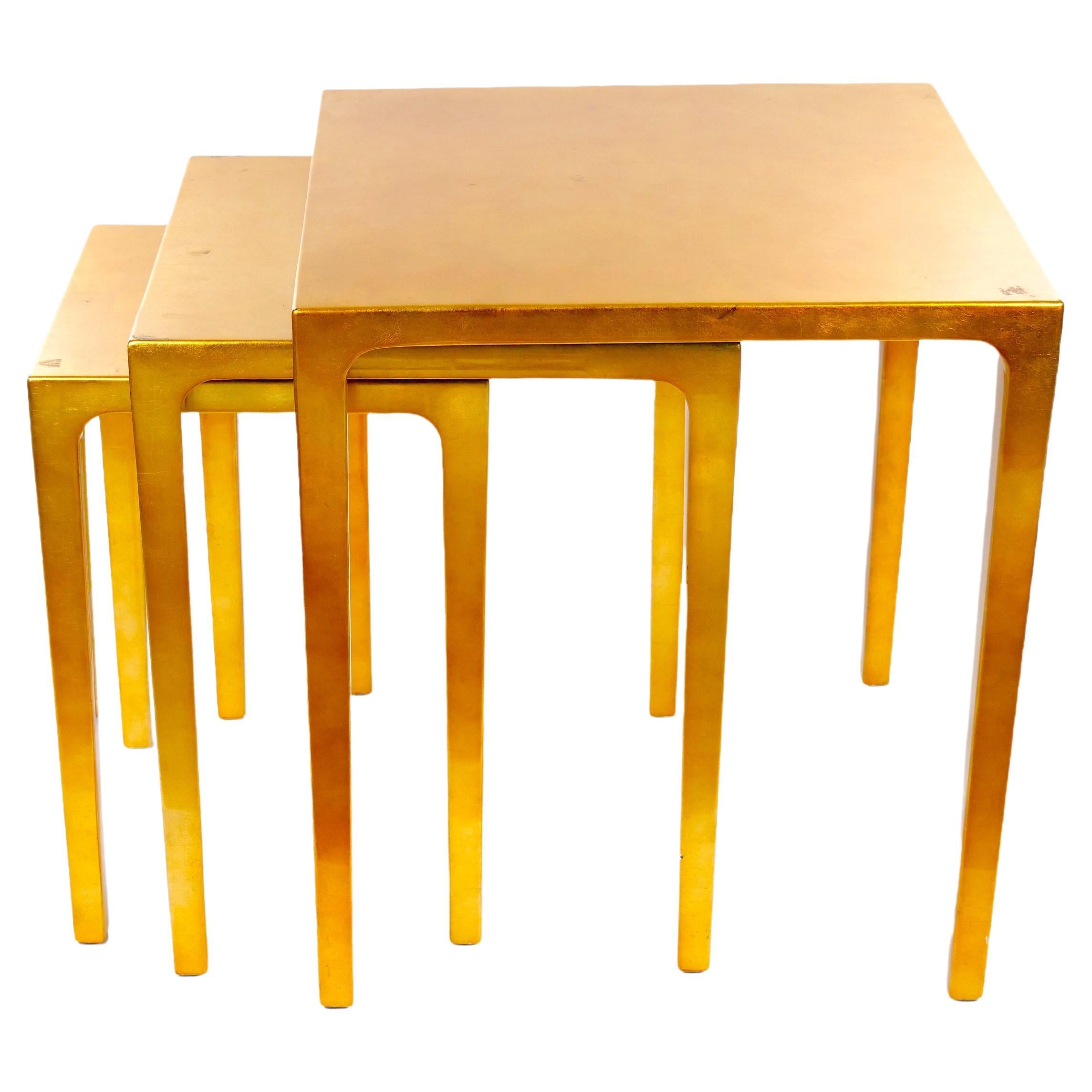 Set Three Mid-Century Modern Lacquered Gold Leaf Nesting Tables For Sale