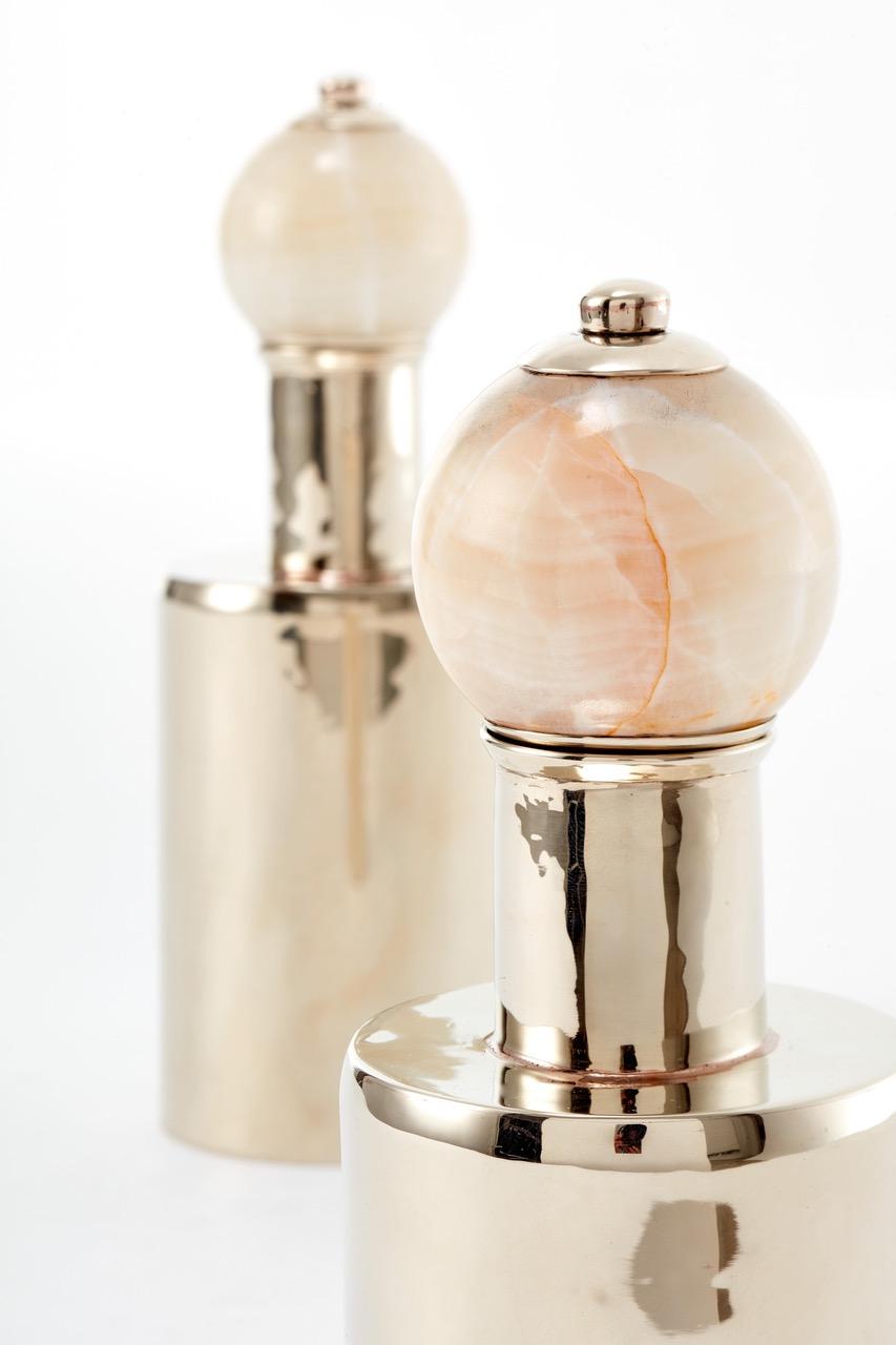 Organic Modern Set Tilcara Small & Medium Bottles,  Cream Onyx & Alpaca Silver For Sale