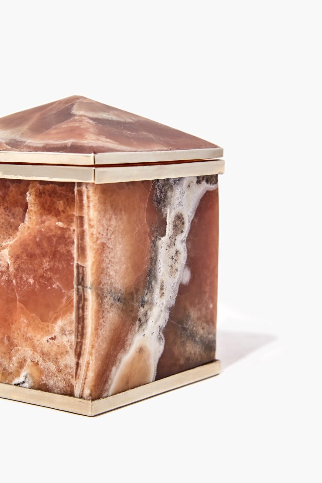 Set Tronador Mini Cajas Grandes, Piedra Ónice Marrón y Crema y Alpaca Plateada Moderno en venta