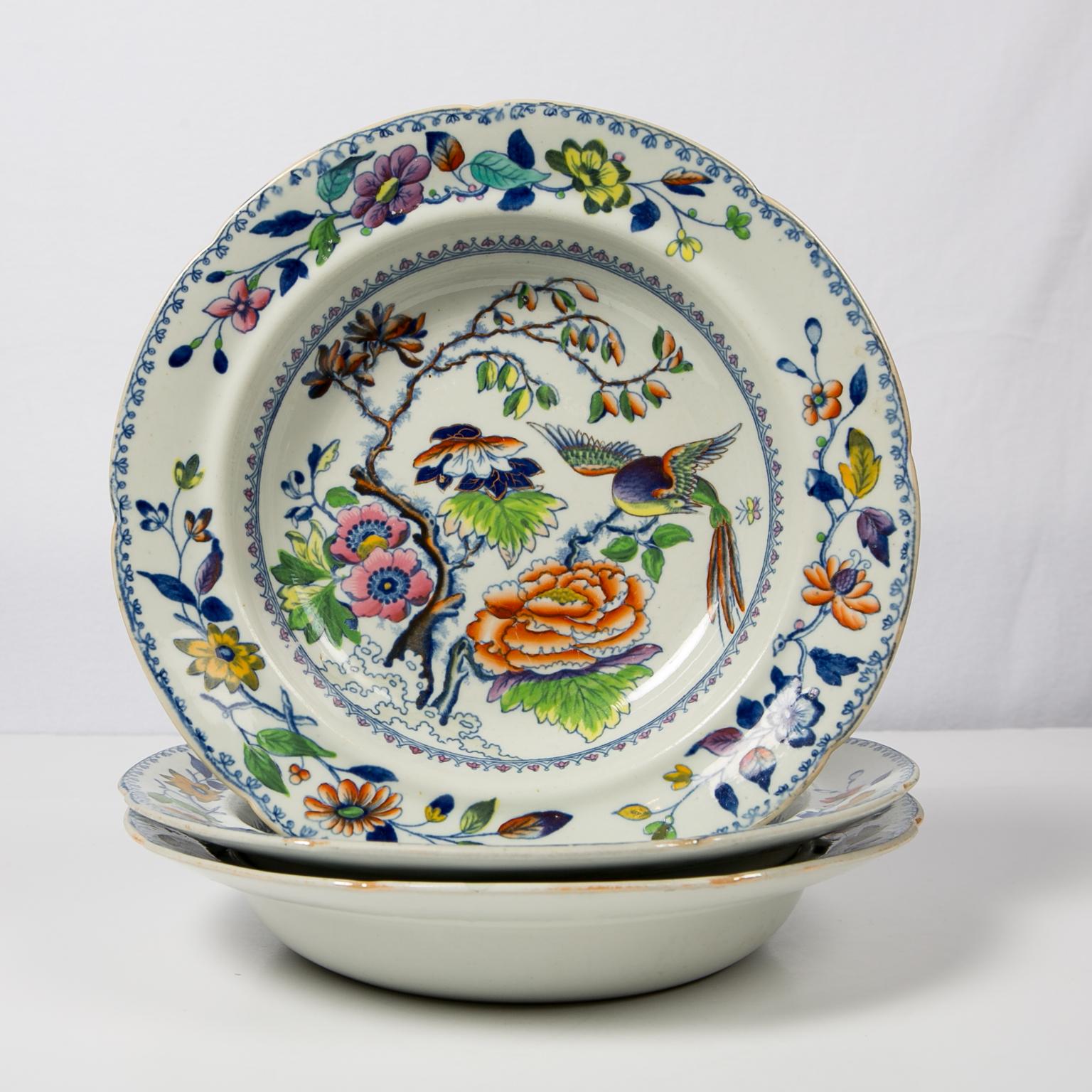 Ironstone Set of Twelve Antique Dishes Flying Bird Pattern