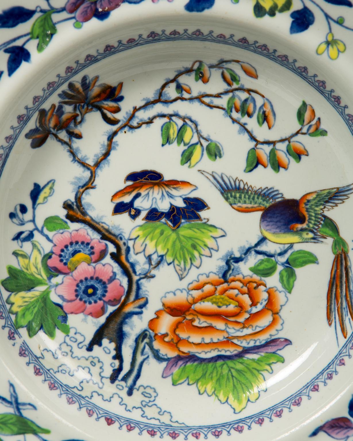 Chinoiserie Set of Twelve Antique Dishes Flying Bird Pattern