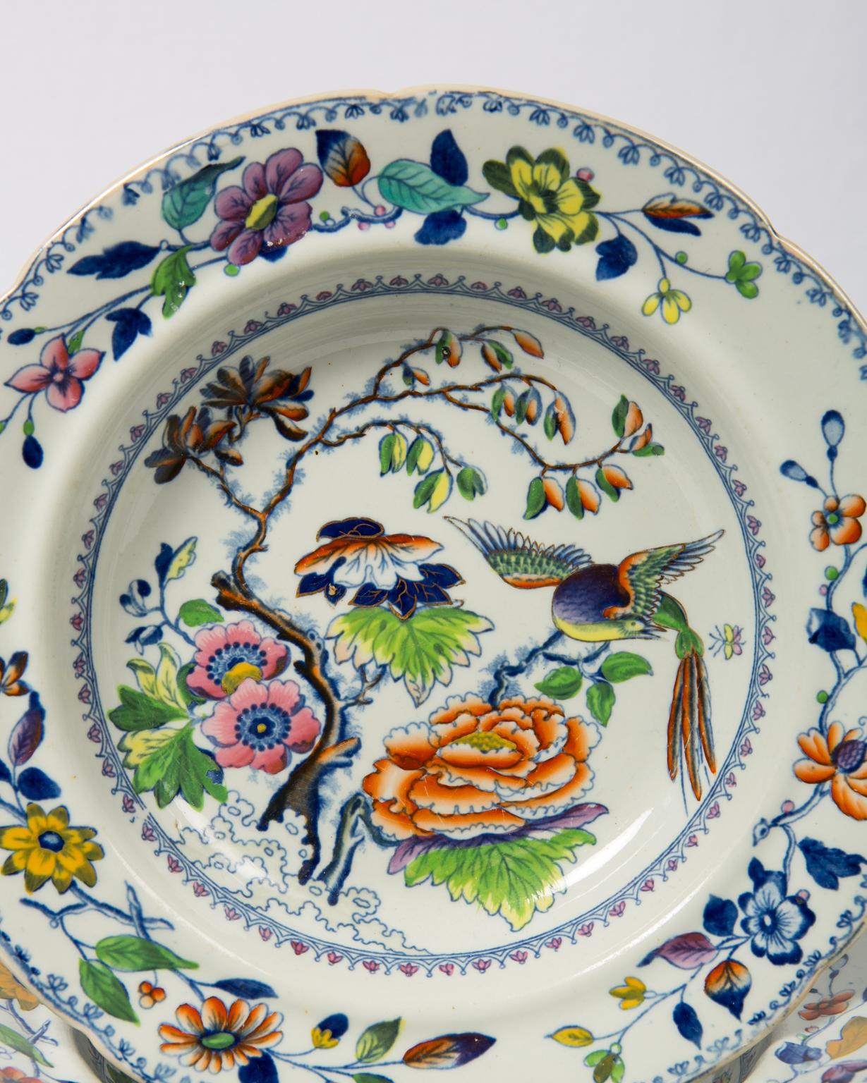 English Set of Twelve Antique Dishes Flying Bird Pattern