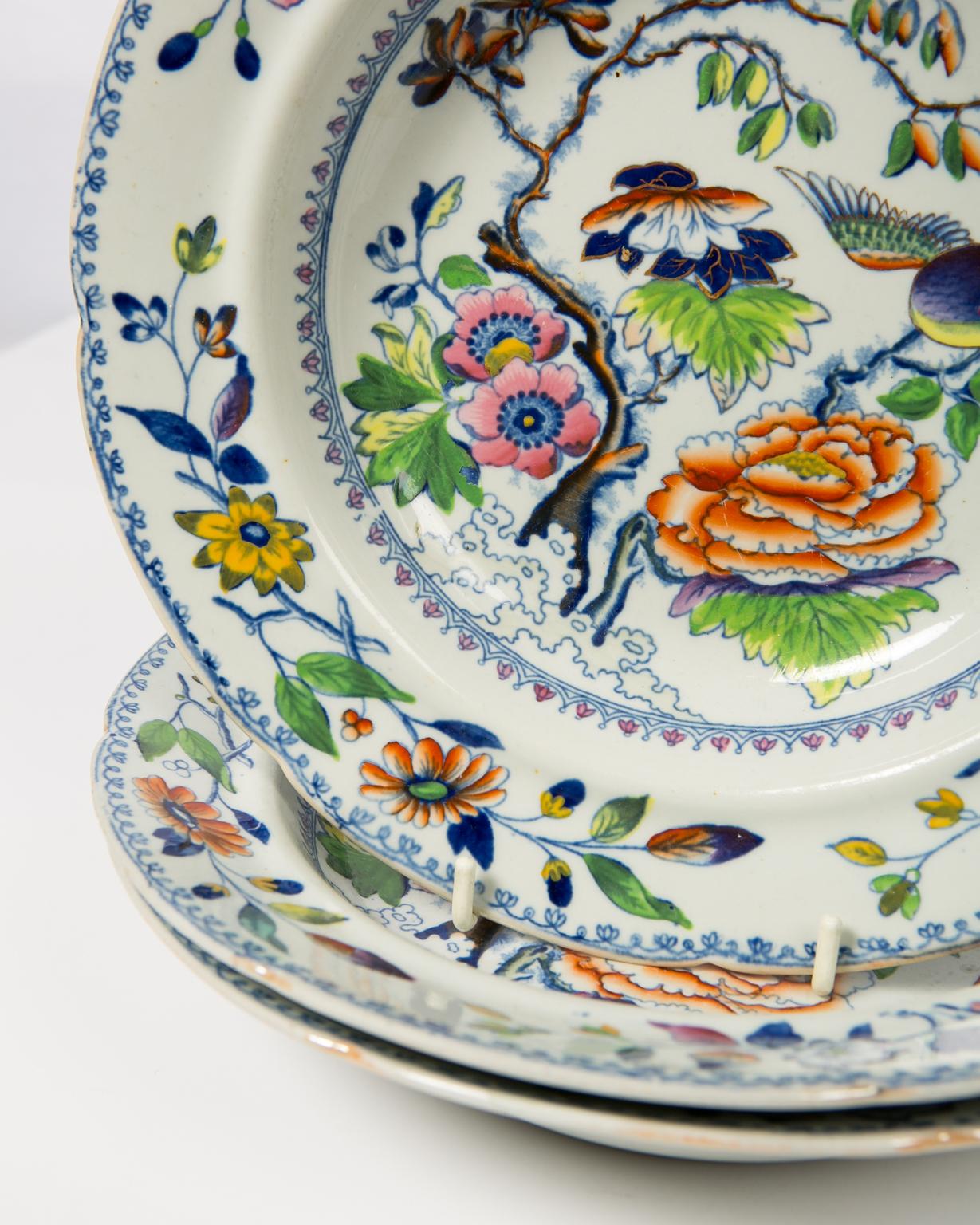 19th Century Set of Twelve Antique Dishes Flying Bird Pattern