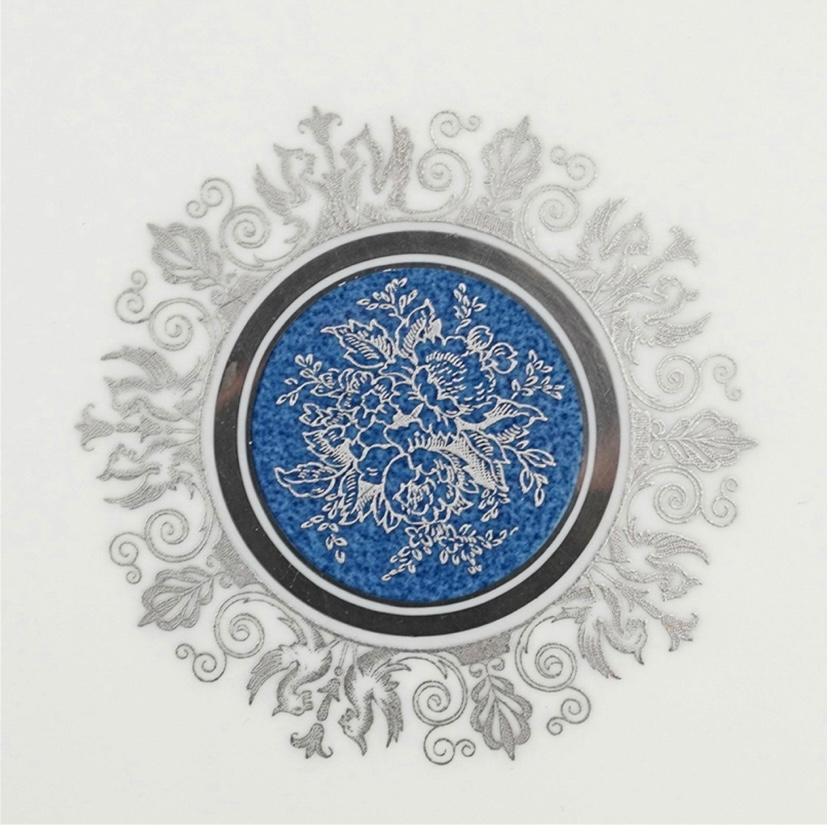 Hand-Crafted Set Twelve Sterling and Powder Blue Medallion Dinner Plates, Antique Wedgwood