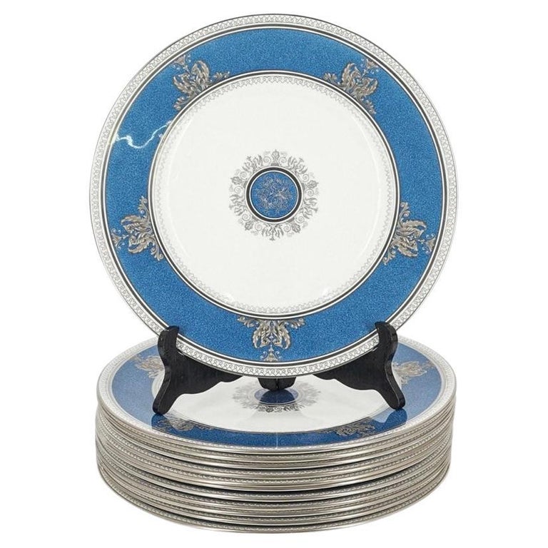 Set Twelve Sterling and Powder Blue Medallion Dinner Plates, Antique