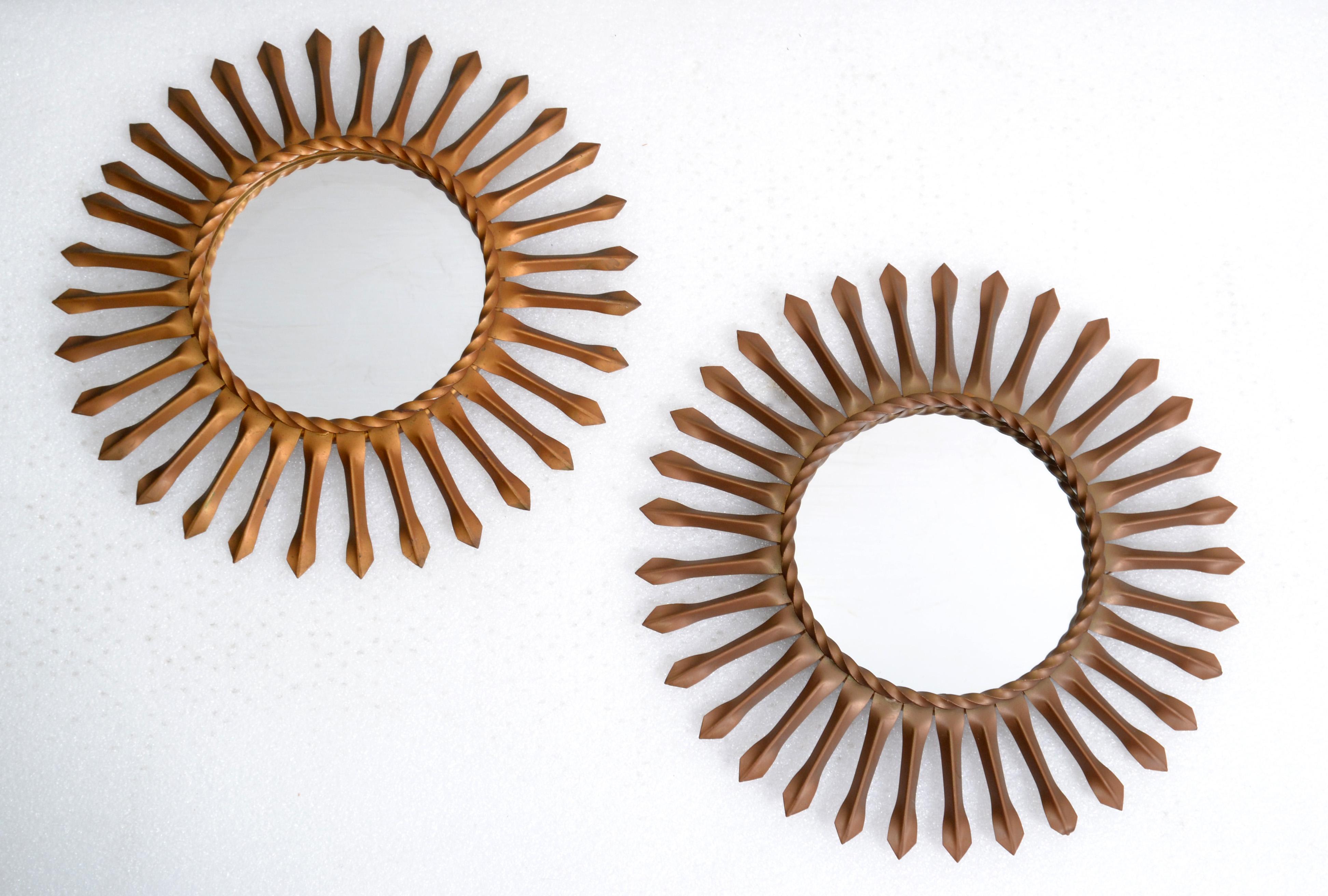 Mid-Century Modern Set, Two Sunburst Wall Mirror in Gold Brass Finish Signed Chaty Vallauris, 1960 For Sale