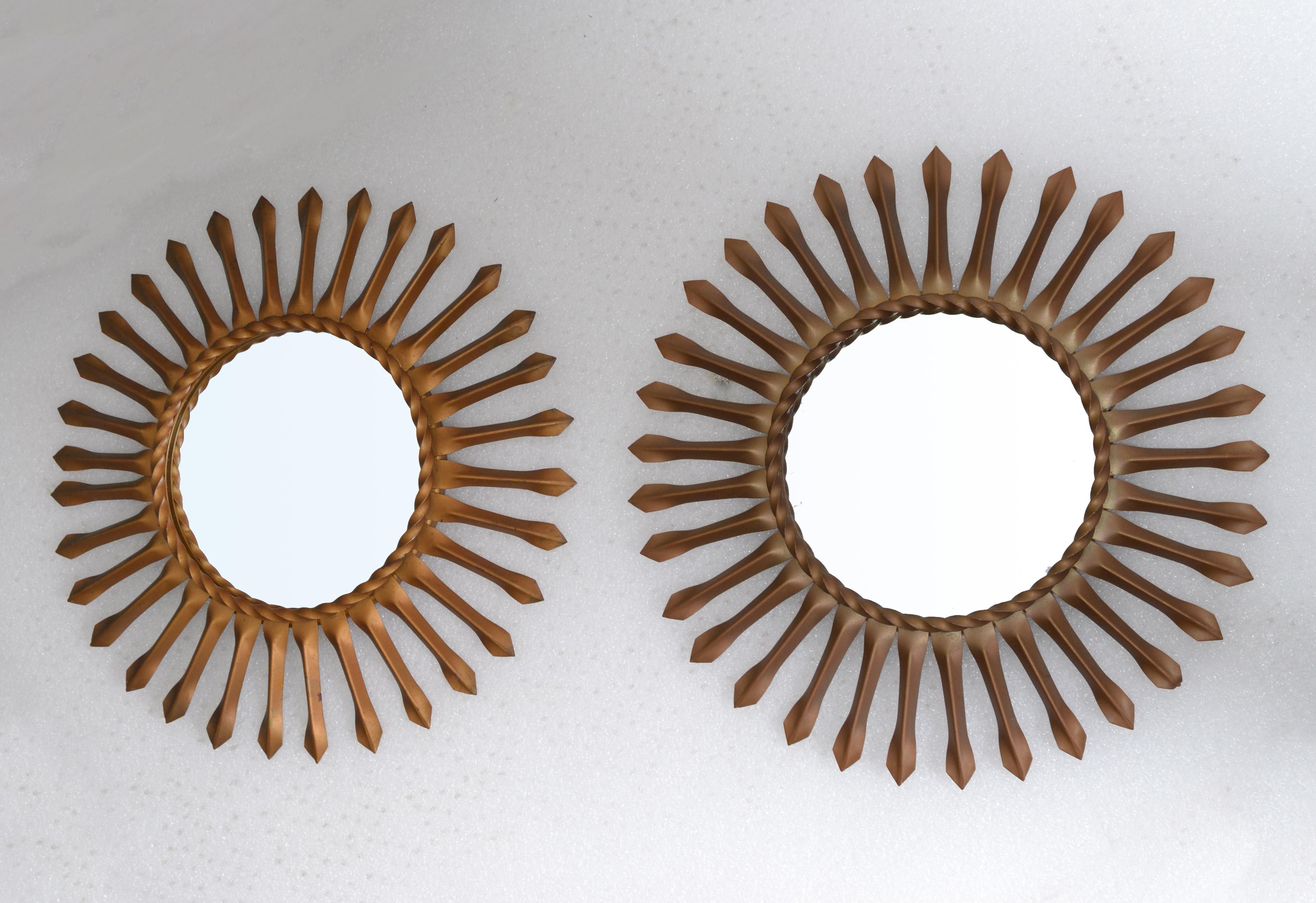 French Set, Two Sunburst Wall Mirror in Gold Brass Finish Signed Chaty Vallauris, 1960 For Sale
