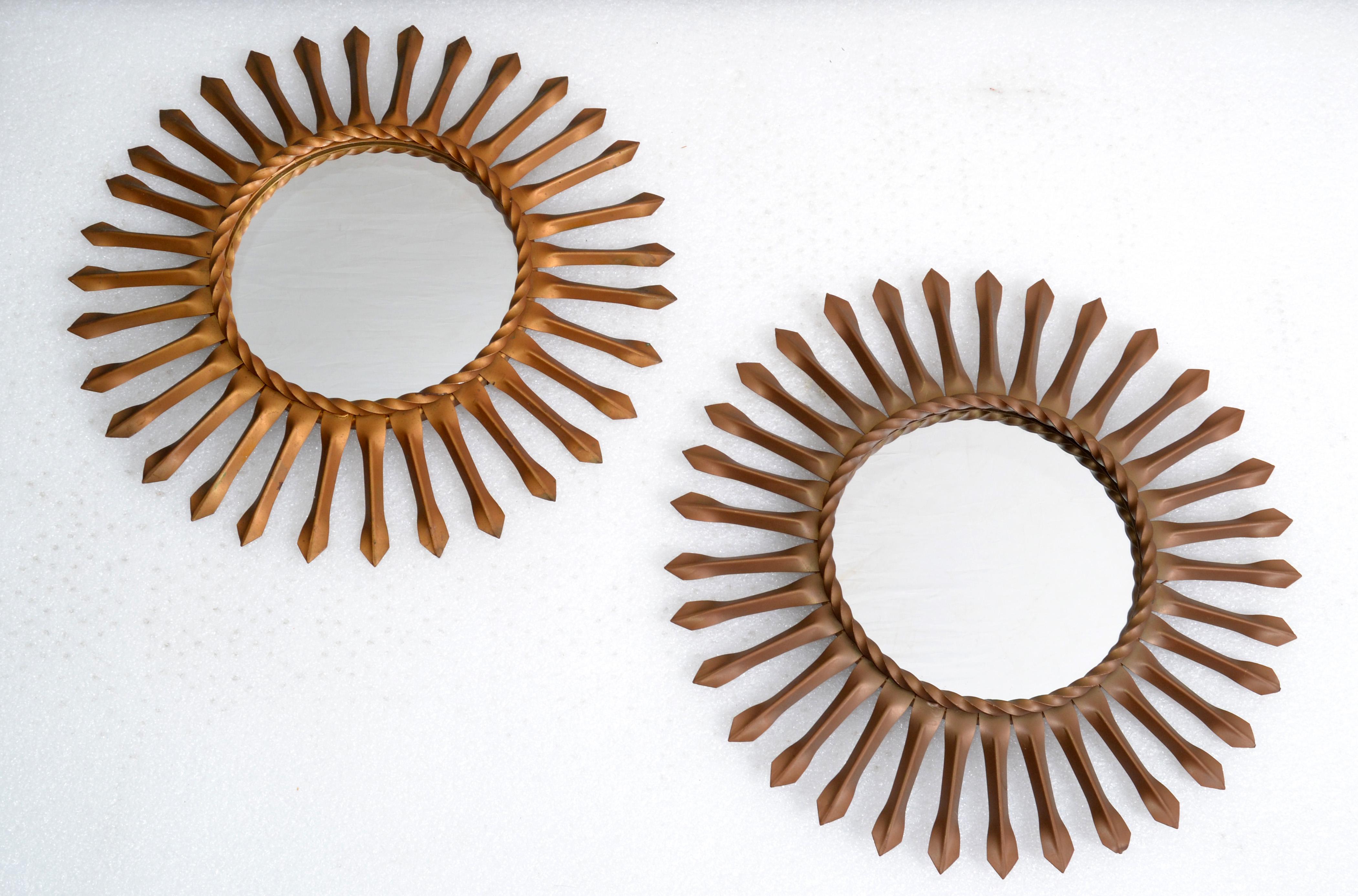 Set, Two Sunburst Wall Mirror in Gold Brass Finish Signed Chaty Vallauris, 1960 In Good Condition For Sale In Miami, FL