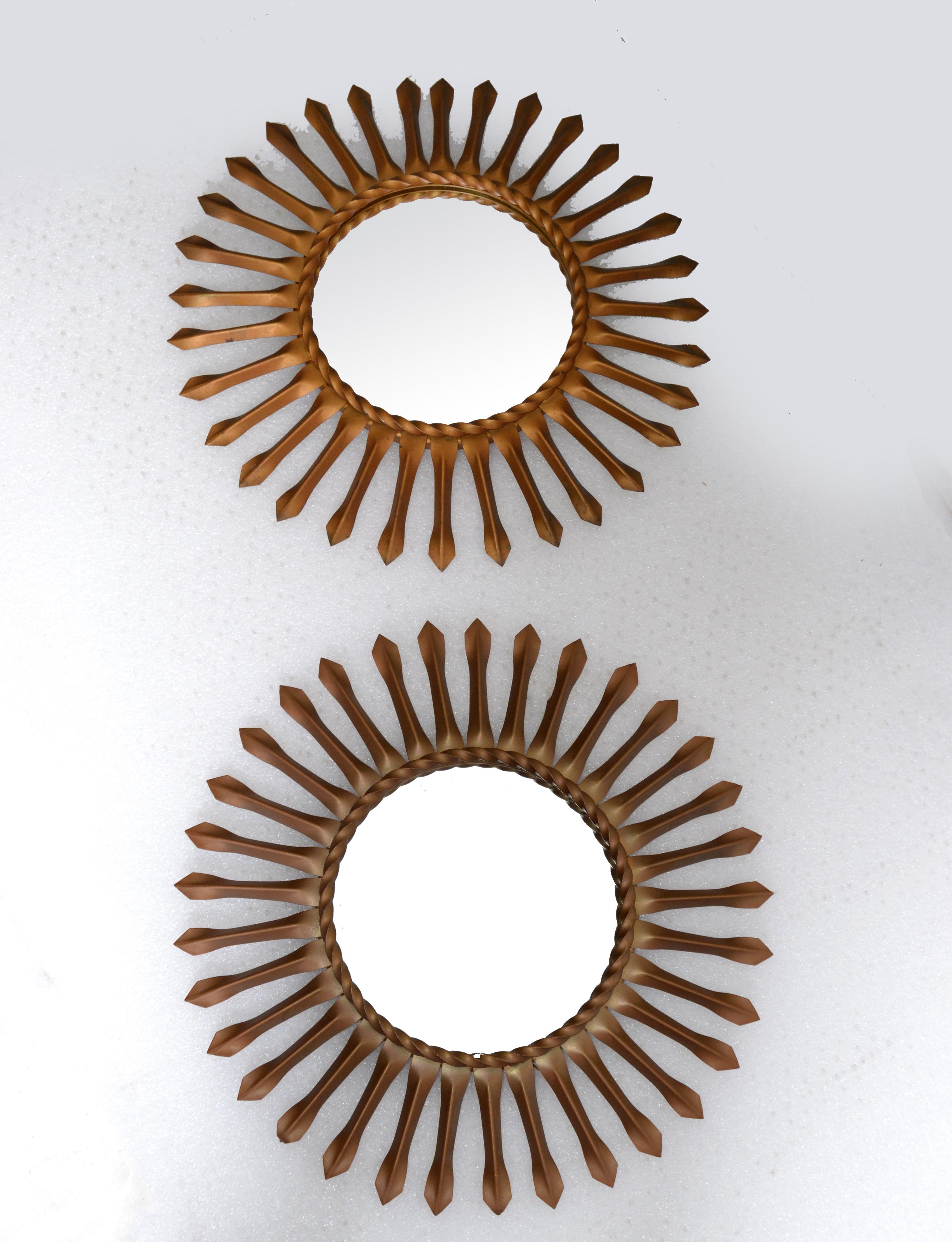 Metal Set, Two Sunburst Wall Mirror in Gold Brass Finish Signed Chaty Vallauris, 1960 For Sale
