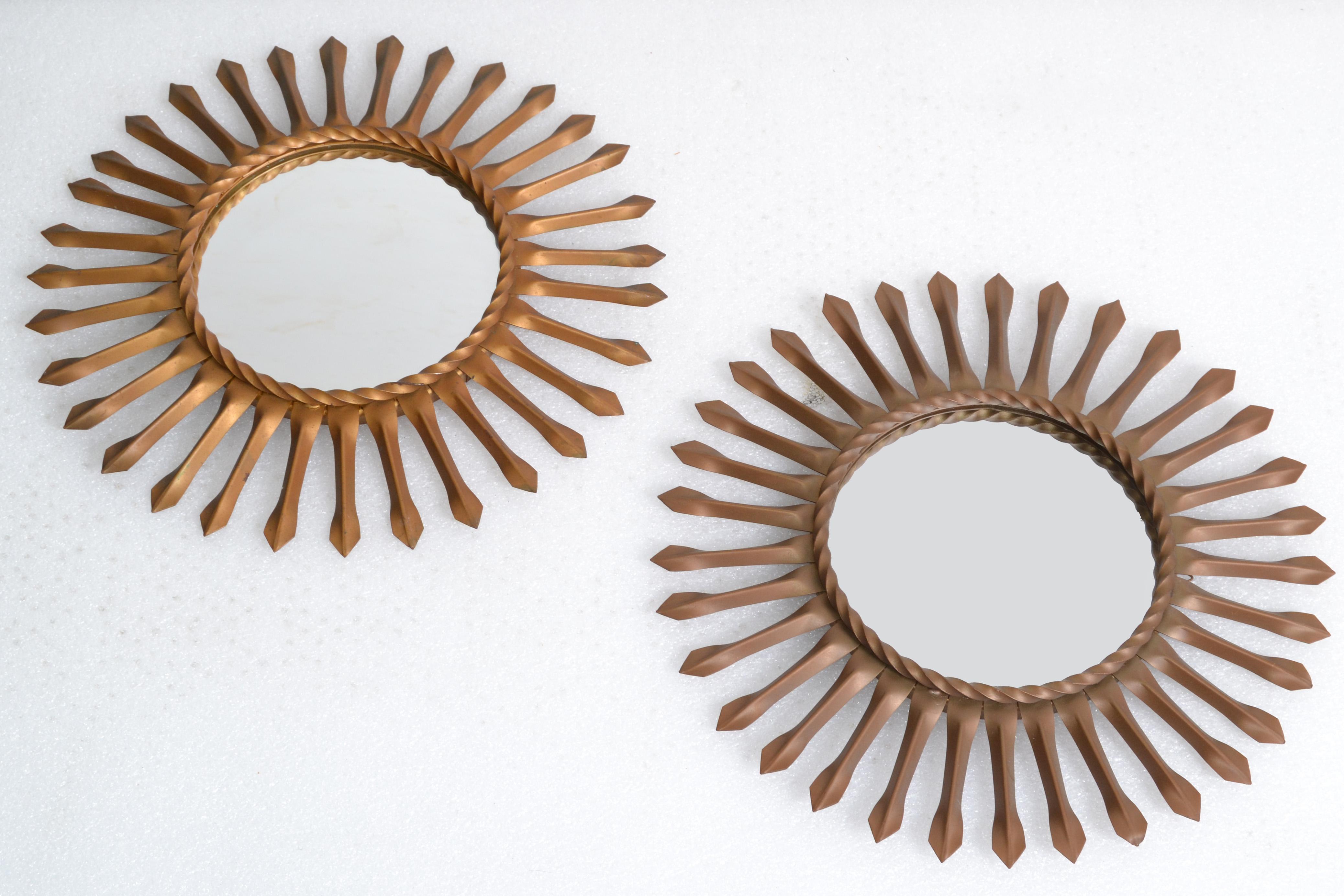 Set, Two Sunburst Wall Mirror in Gold Brass Finish Signed Chaty Vallauris, 1960 For Sale 1