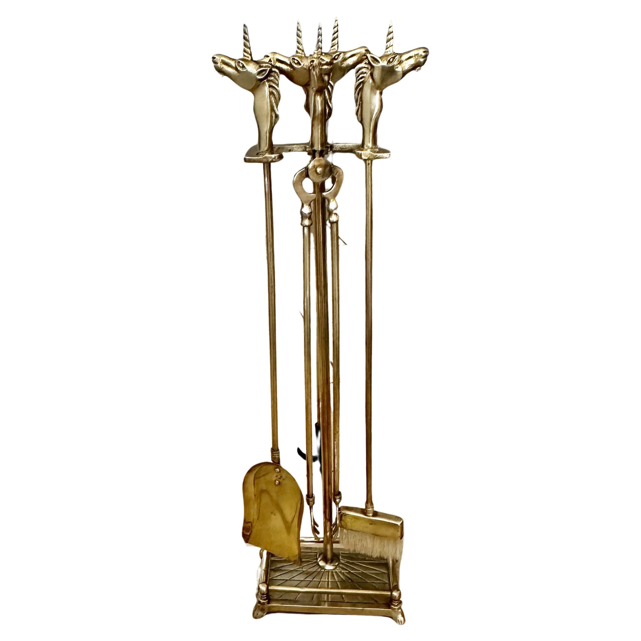 Set Unicorn Horse Brass Fireplace Tool Set For Sale