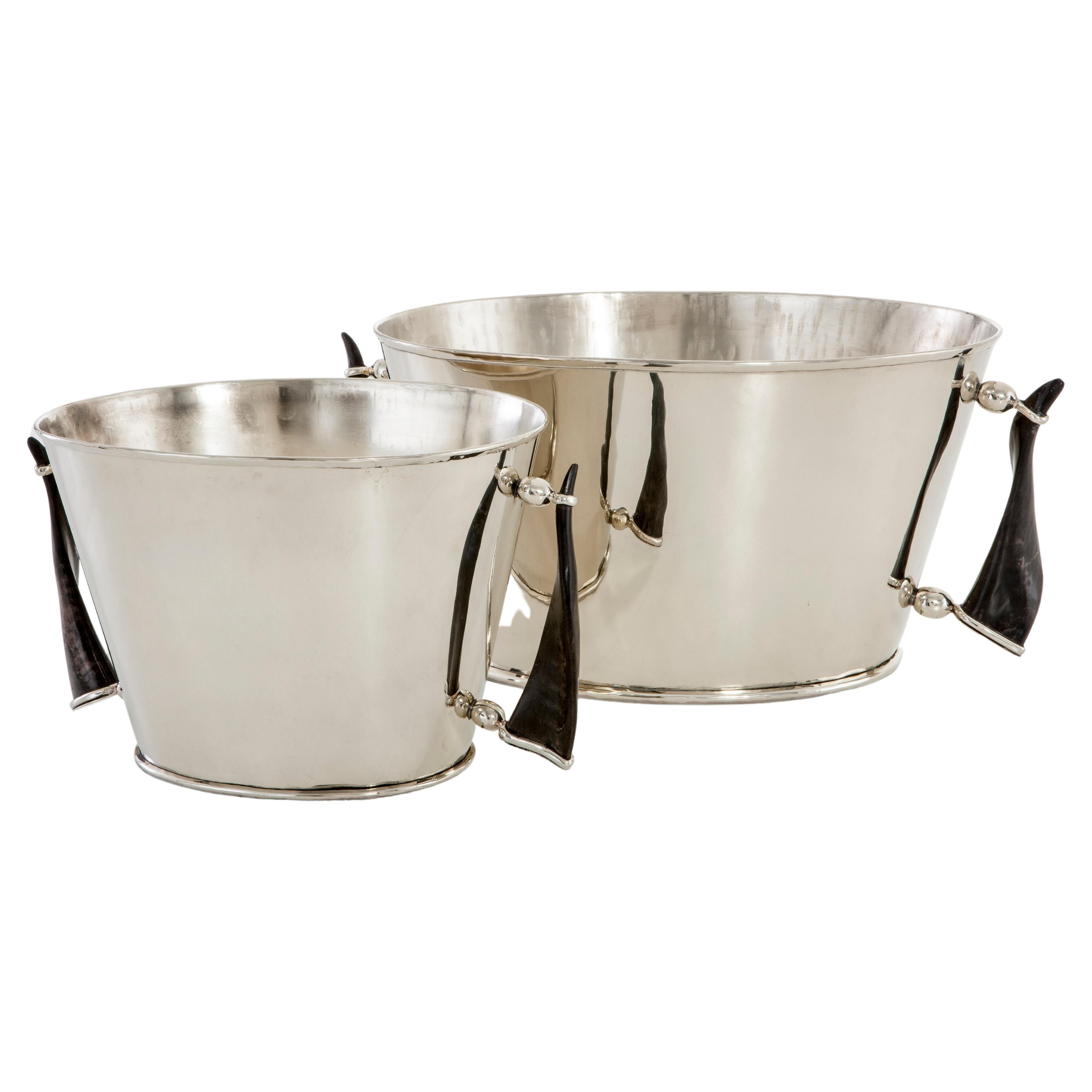 Set Valle Medium & Large Silver Alpaca & Horn Bar Champagne Buckets For Sale