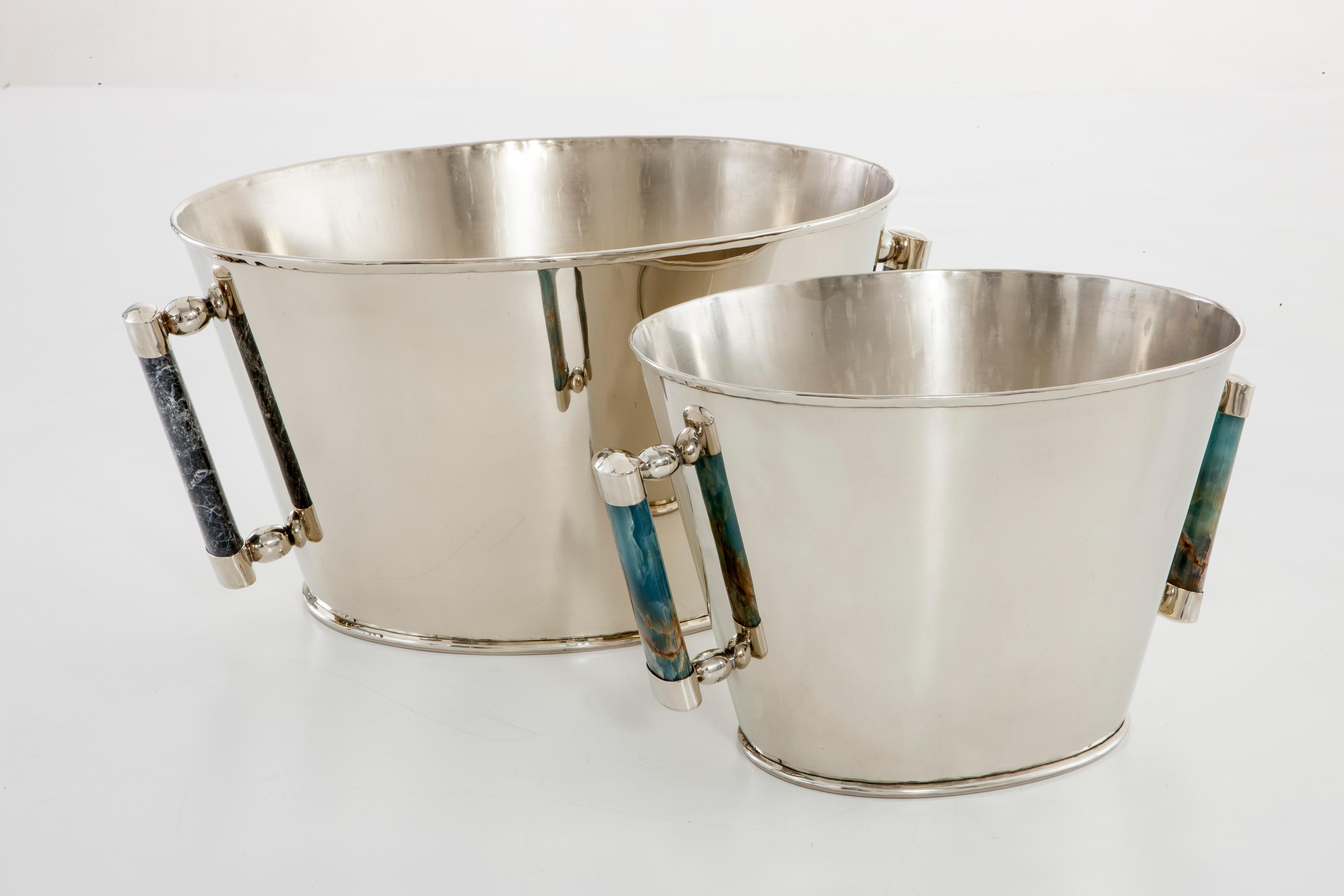 Hand-Carved SET Valle Medium & Large Silver Alpaca & Onyx Stone Bar Champagne Buckets For Sale