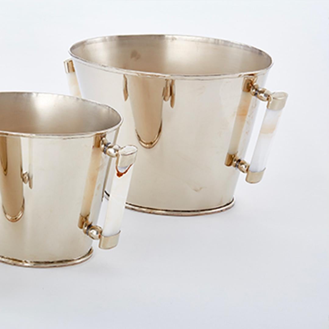 SET Valle Medium & Large Silver Alpaca & Onyx Stone Bar Champagne Buckets For Sale 1