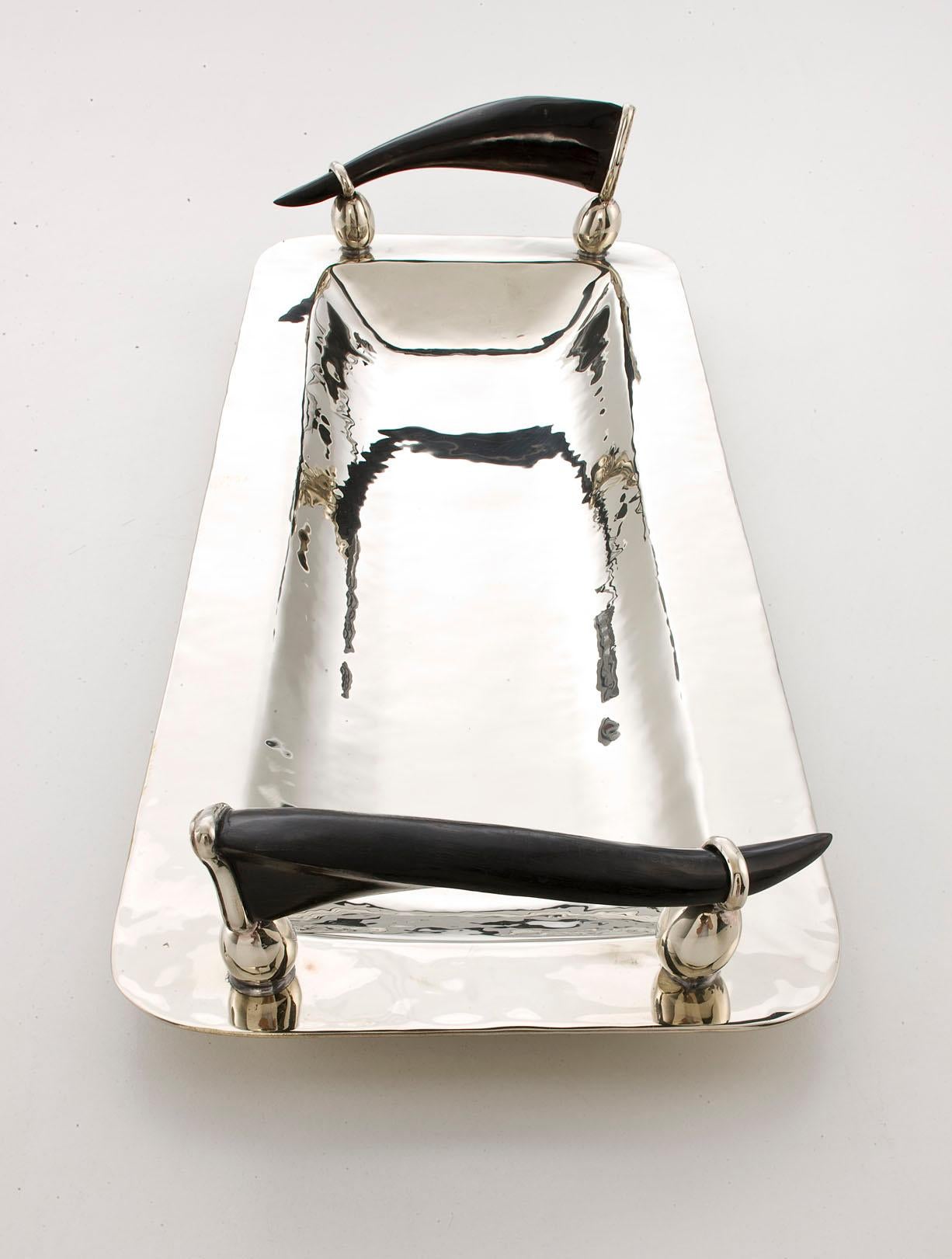 Modern Set Valle Rectangular Trays Silver Alpaca & Horn Tray For Sale