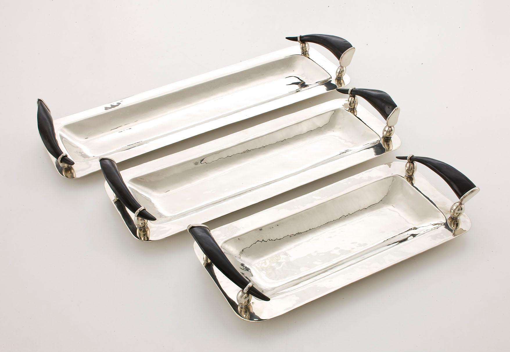 Hand-Crafted Set Valle Rectangular Trays Silver Alpaca & Horn Tray For Sale
