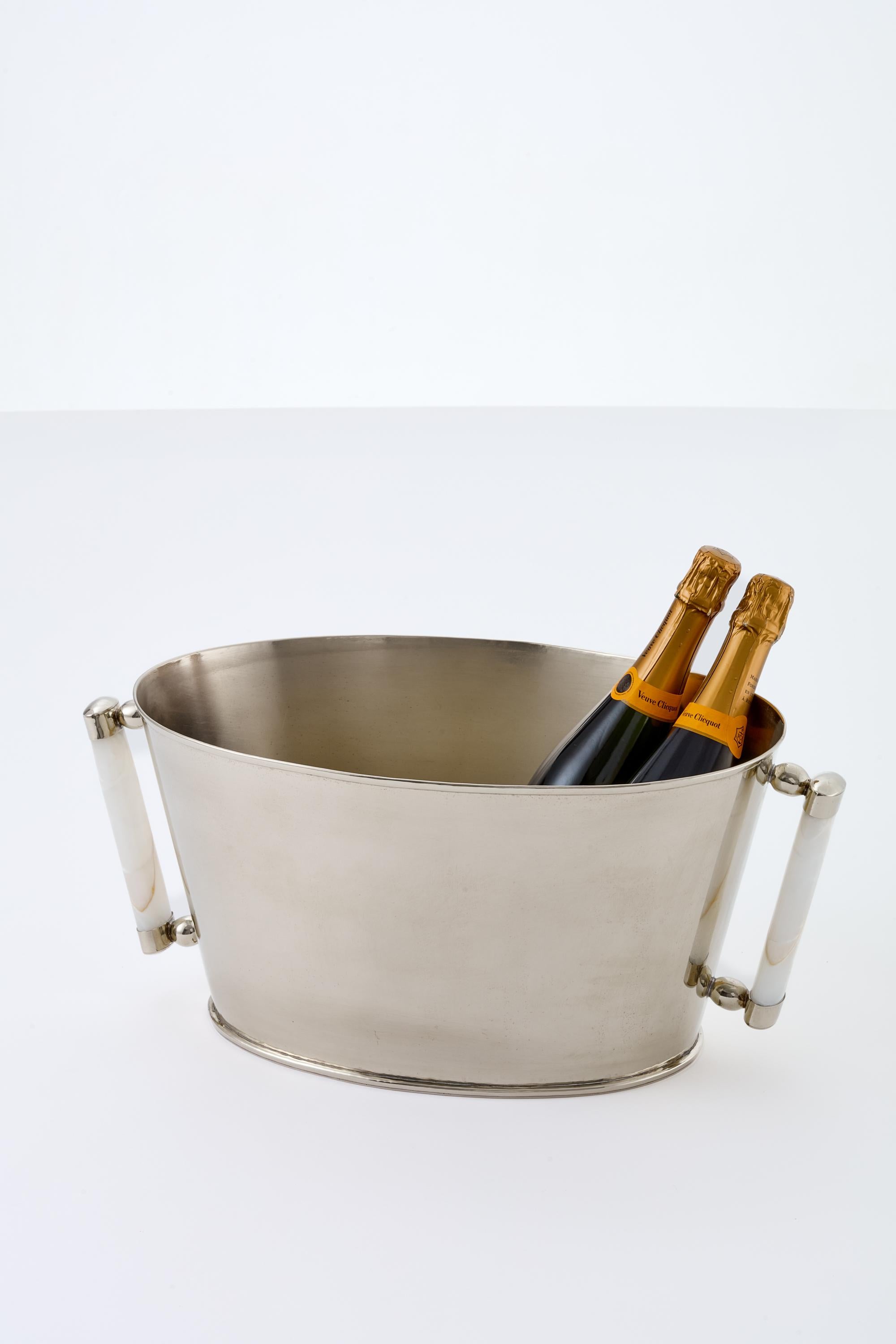 Modern SET Valle Silver Alpaca , Cream Onyx Stone Champagne Bucket & Tray For Sale