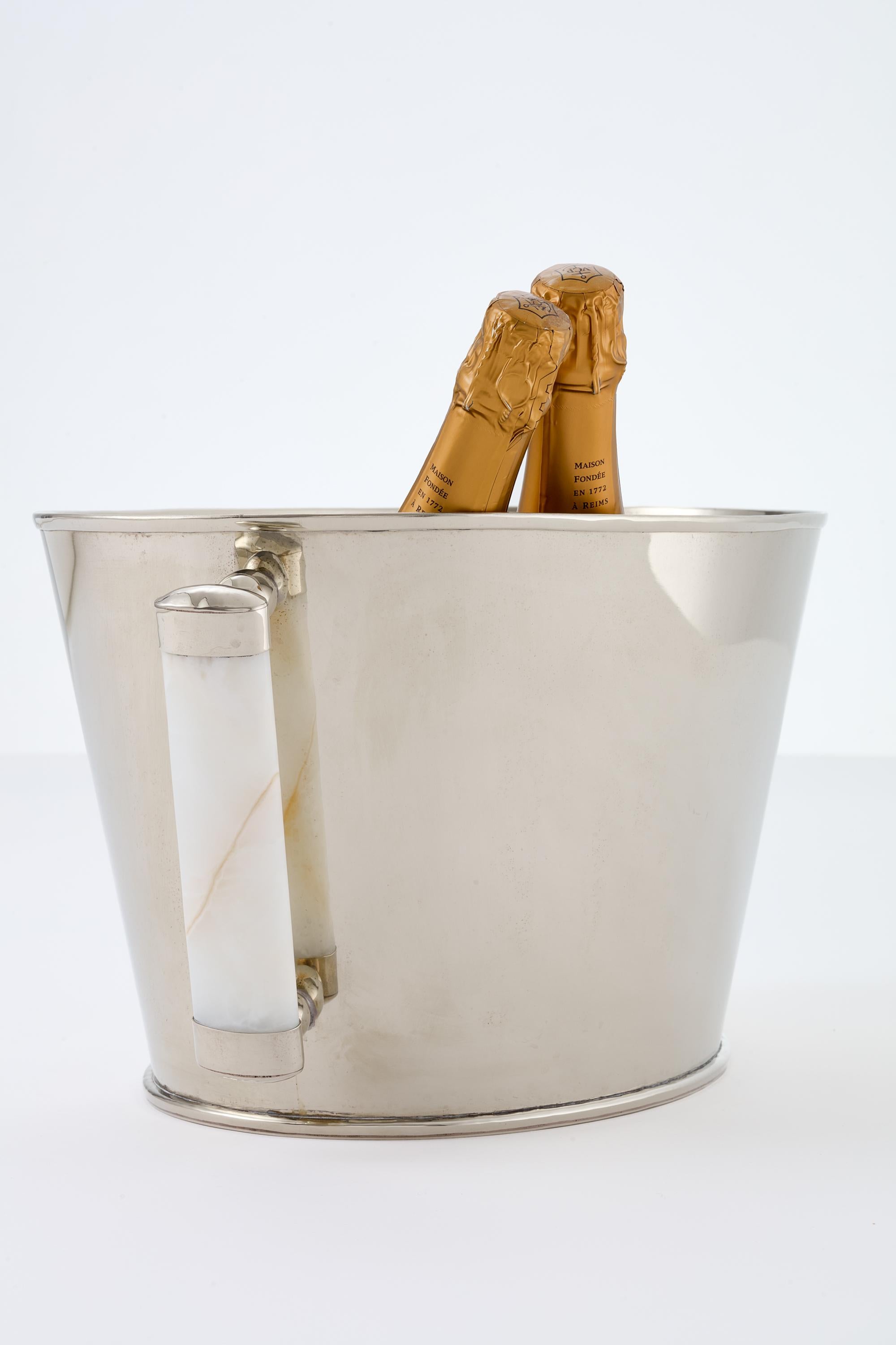 Argentine SET Valle Silver Alpaca , Cream Onyx Stone Champagne Bucket & Tray For Sale