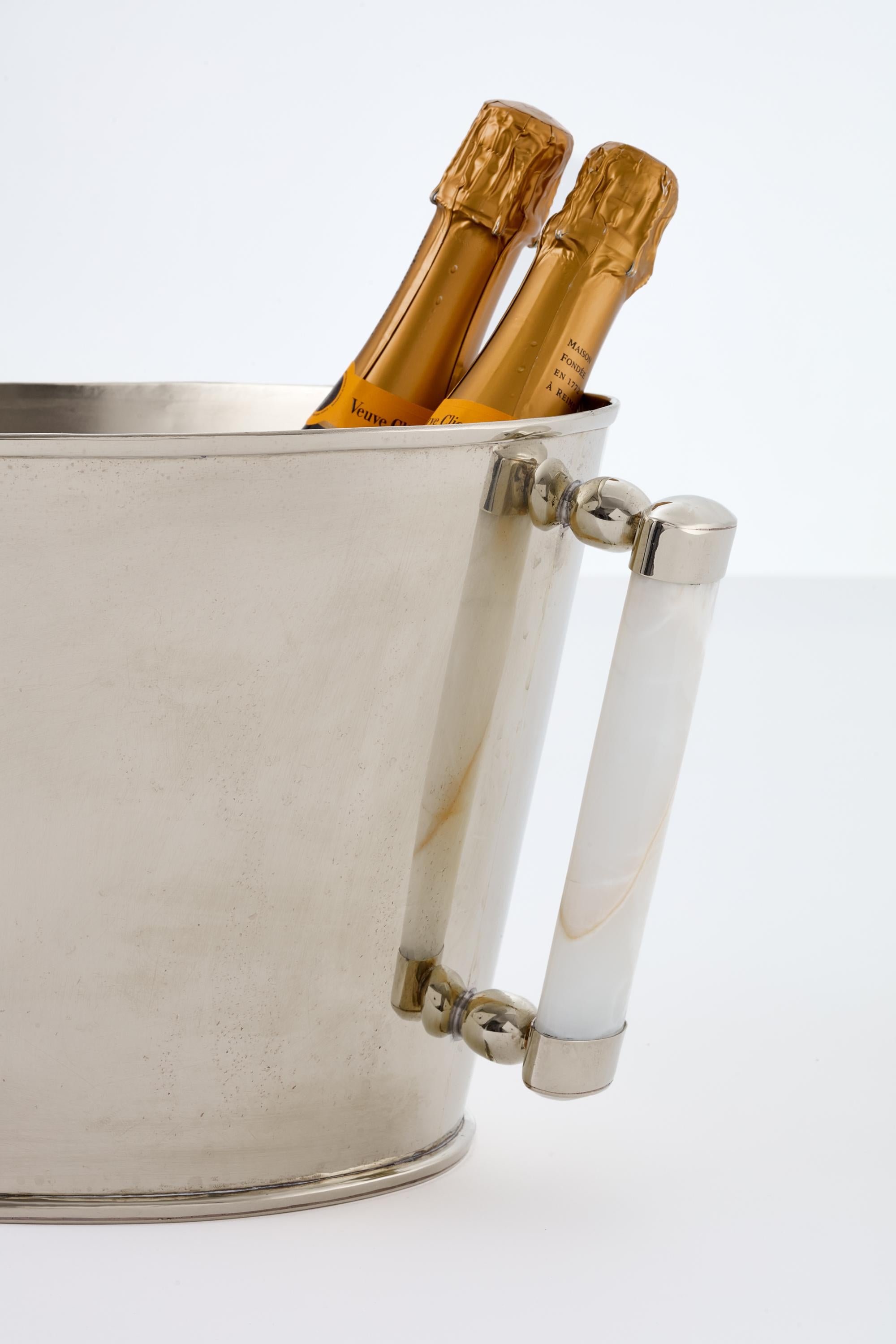 Hand-Carved SET Valle Silver Alpaca , Cream Onyx Stone Champagne Bucket & Tray For Sale